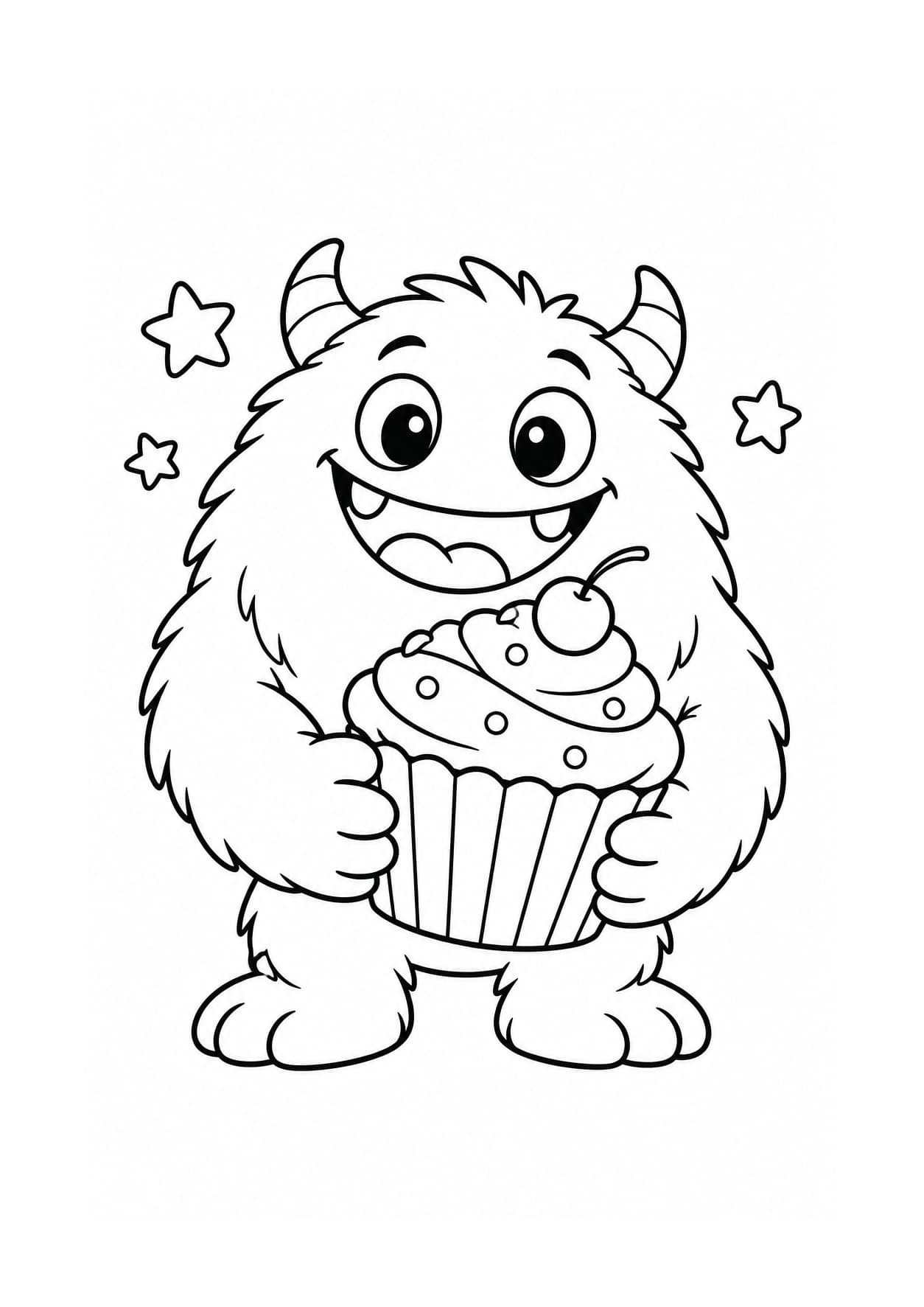Easy Halloween coloring page of a friendly monster holding a cupcake