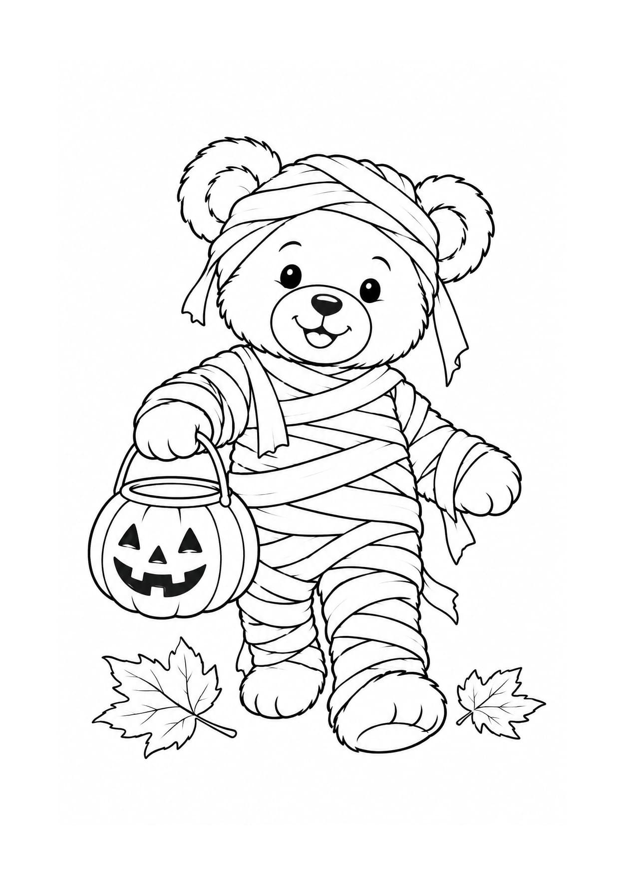 Halloween coloring page of a teddy bear in a mummy costume