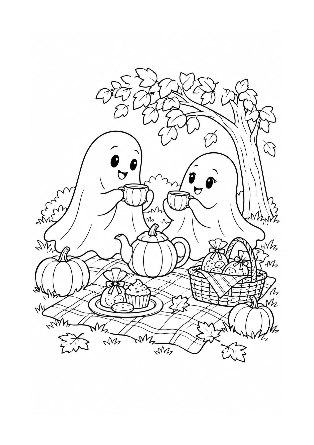 Halloween coloring page of two friendly ghosts having a picnic