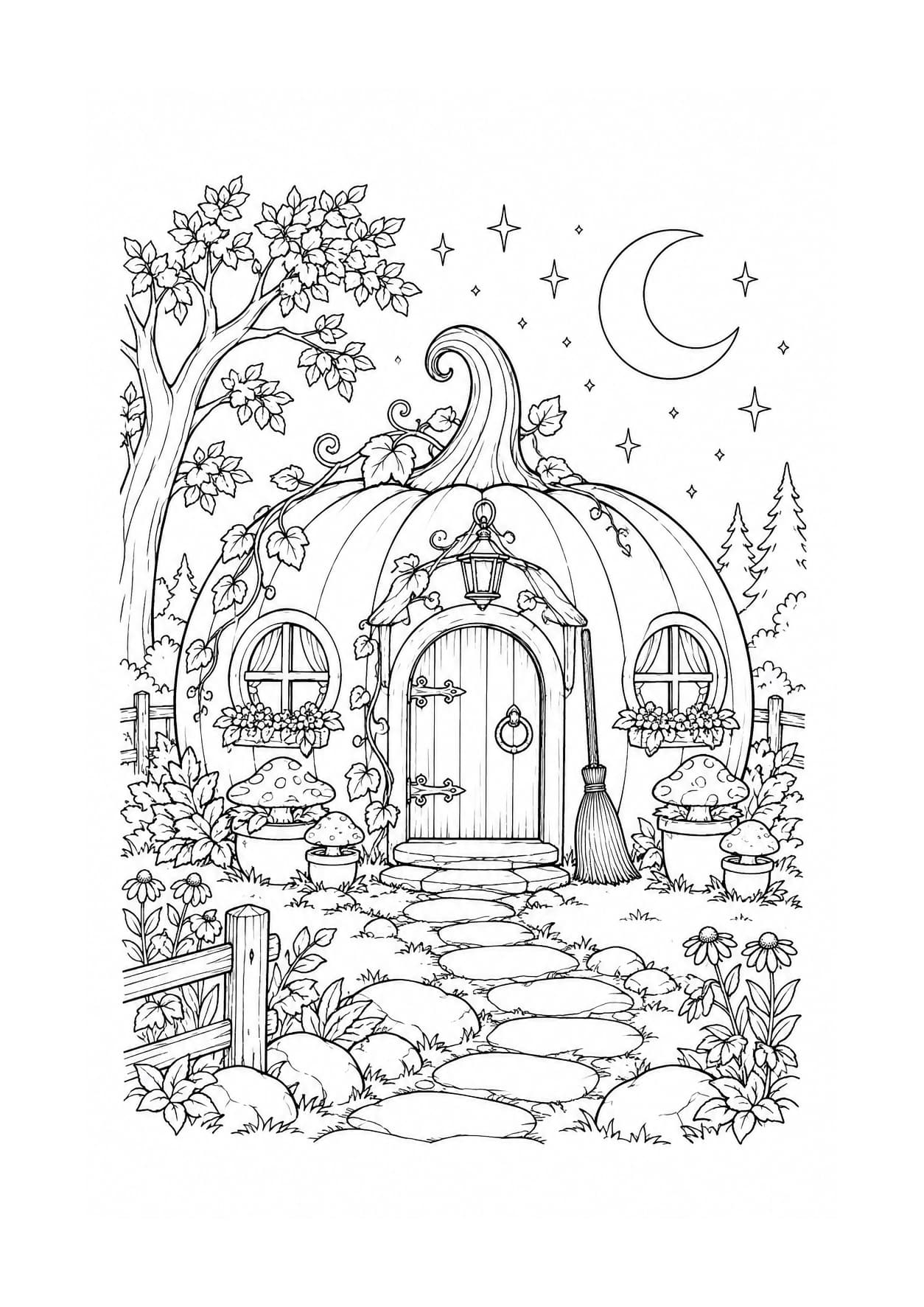 Detailed Halloween coloring page of a pumpkin-shaped witch cottage