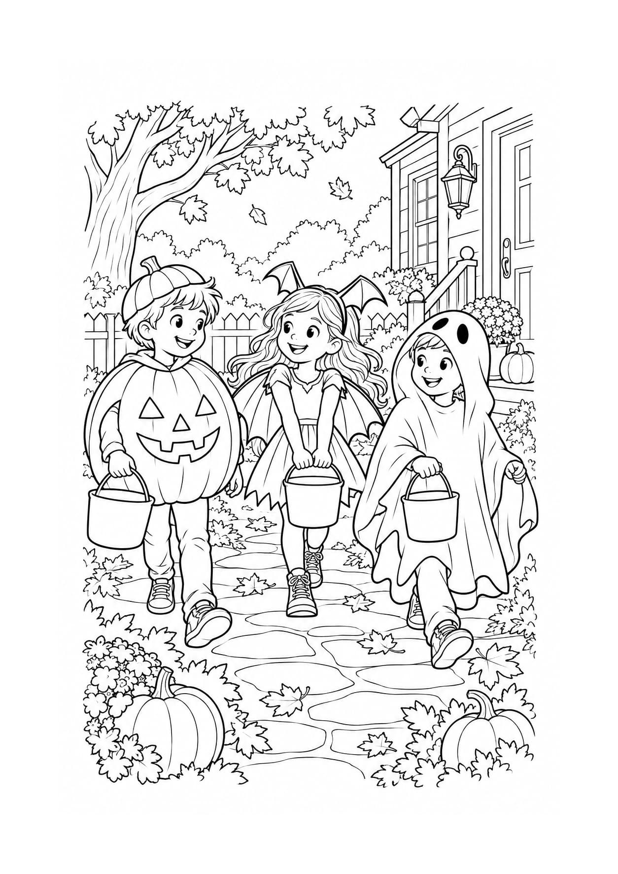 Detailed Halloween coloring page of children in a homemade costume parade