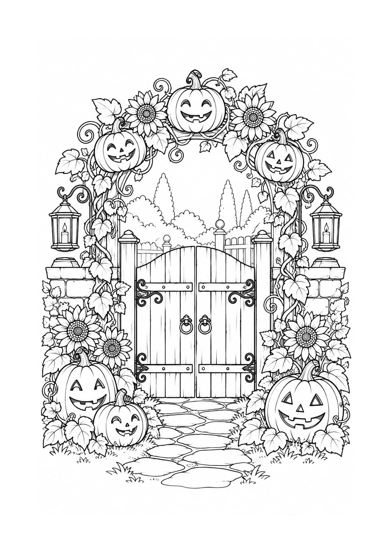 Garden gate decorated with pumpkin lanterns and vines