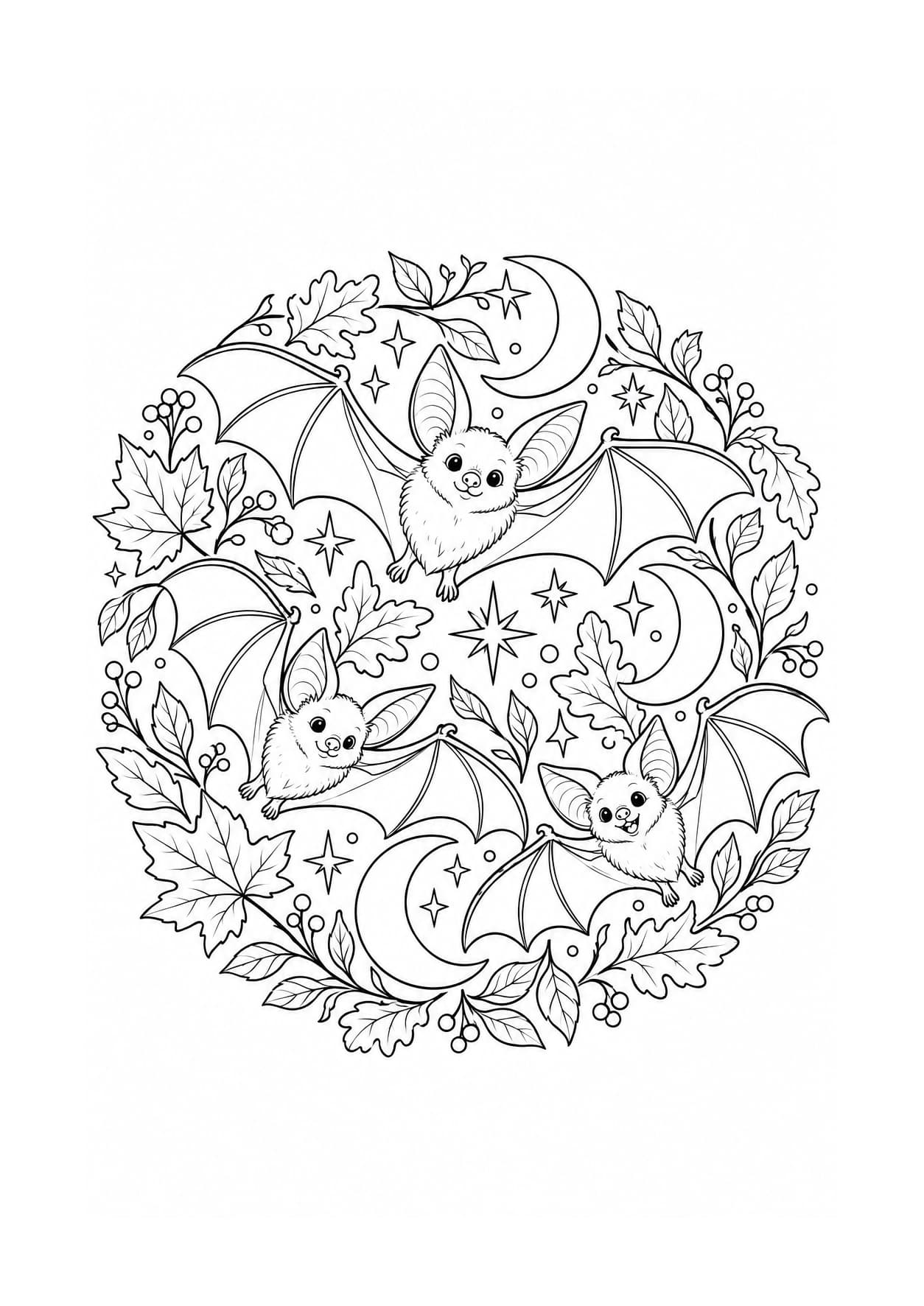 Detailed Halloween coloring page of bats, moons, stars and leaves in a circular pattern