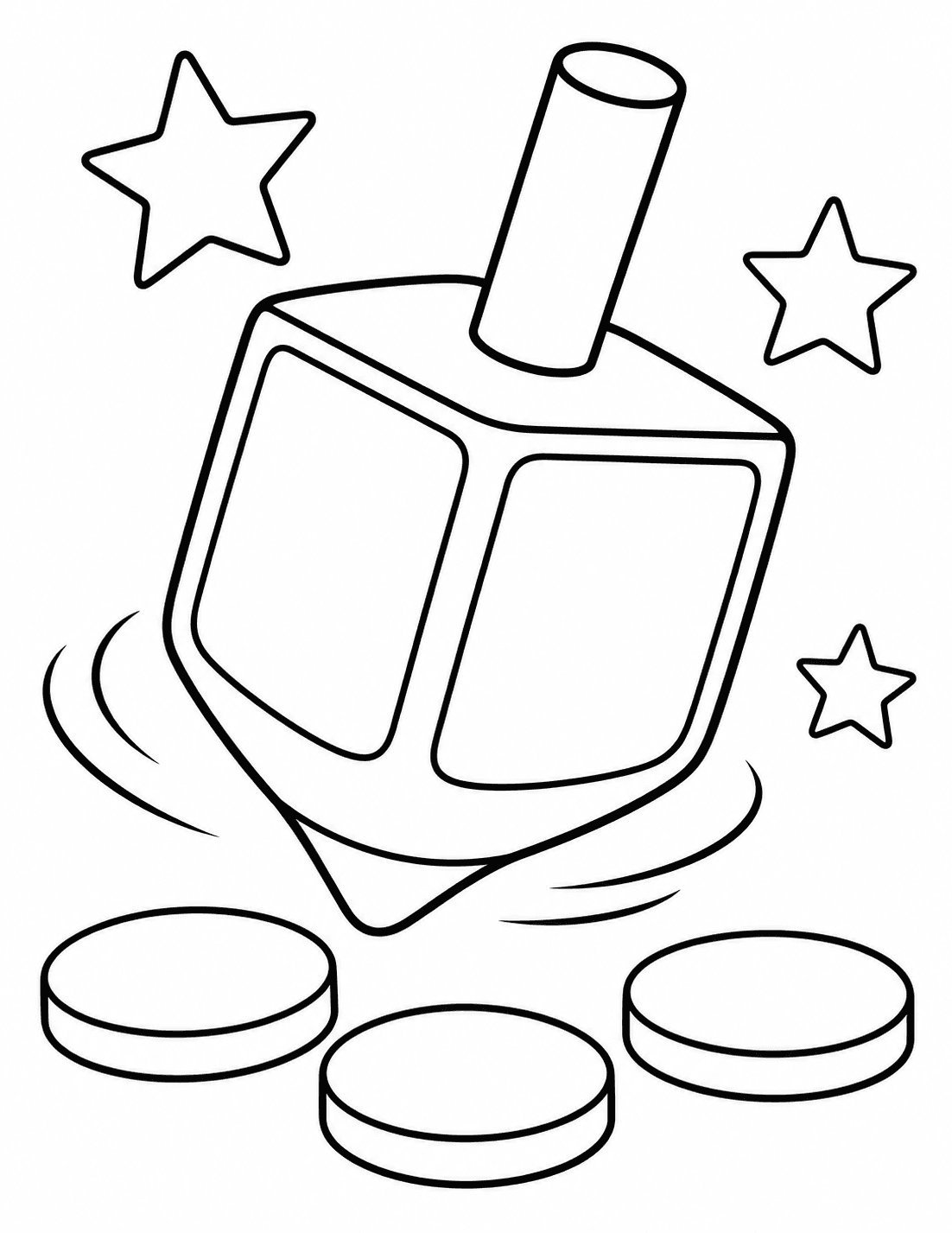 Easy Hanukkah coloring page of a dreidel with a blank face beside coins and stars