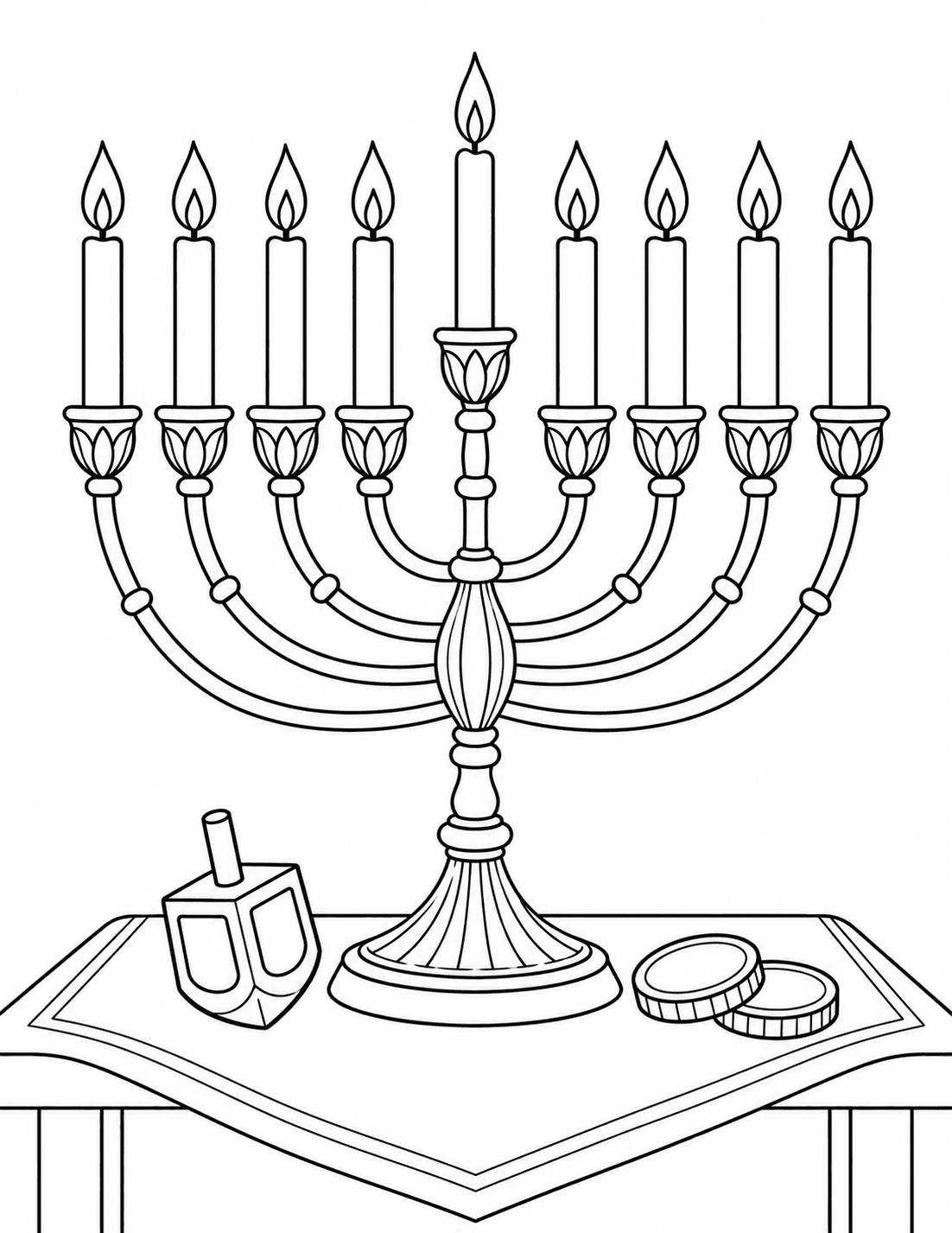 Hanukkah coloring page of a nine-branched hanukkiah with eight candles and a raised helper candle