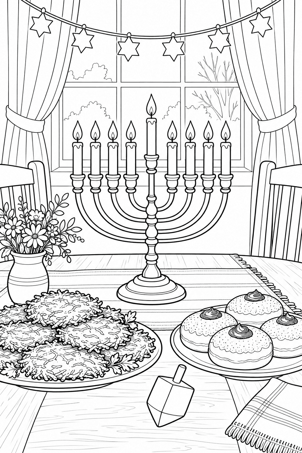 Detailed Hanukkah coloring page of a festive table with a hanukkiah, dreidel, latkes and doughnuts