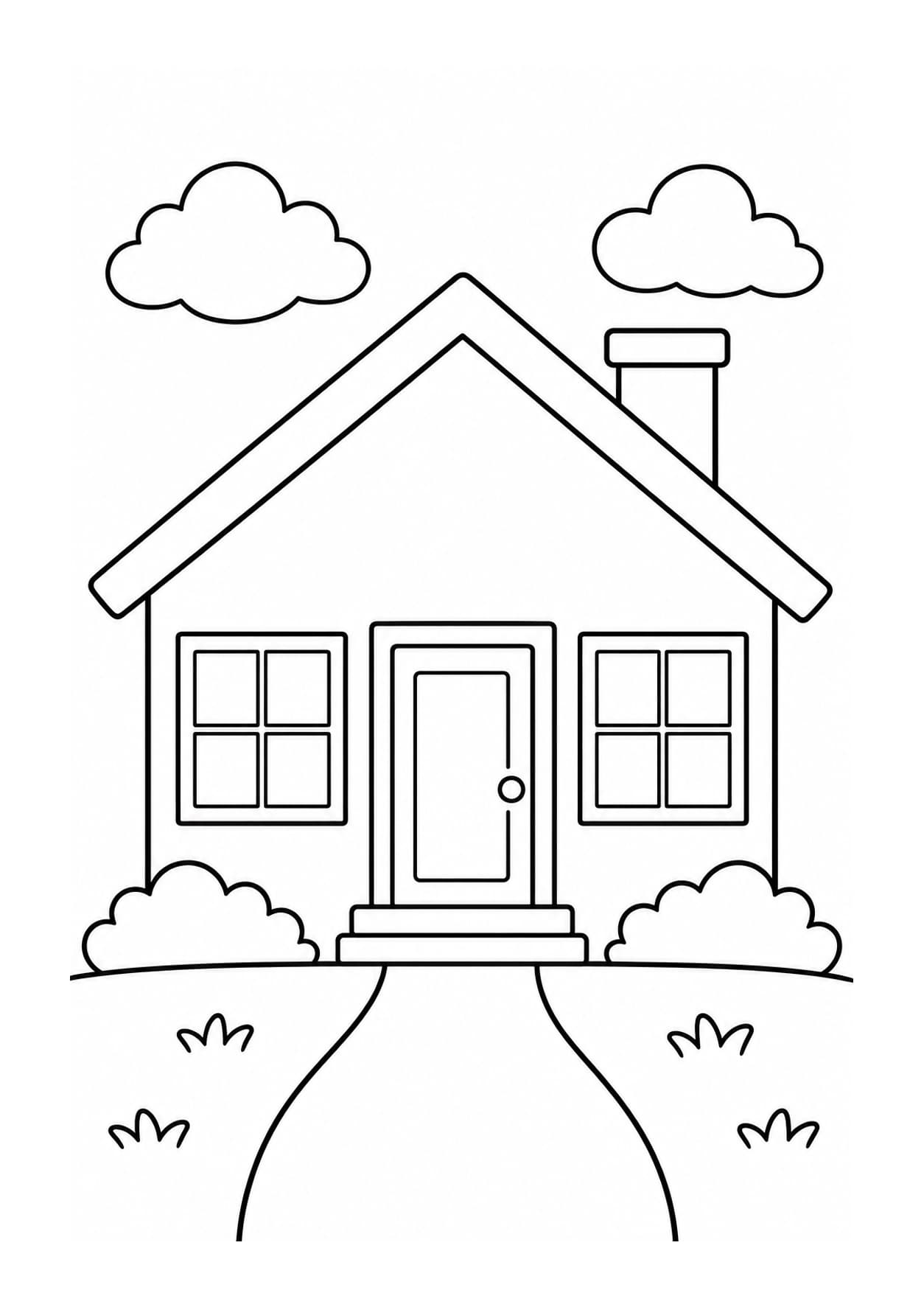 Easy house coloring page of a little home with a triangular roof, front door and two windows