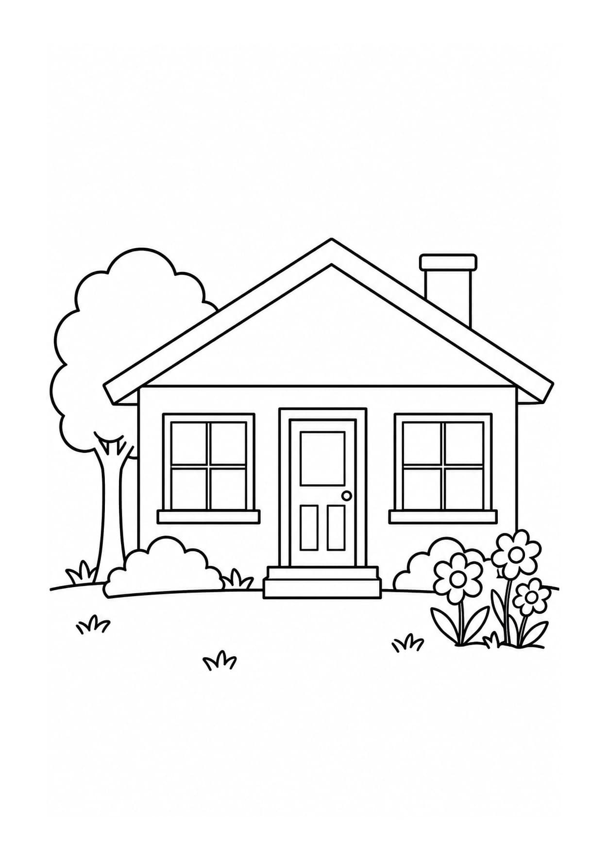 Easy house coloring page of a one-story bungalow beside a tree and three flowers