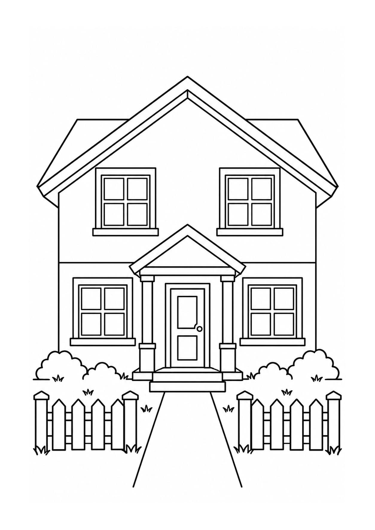 Easy house coloring page of a two-story family home with a small porch and picket fence