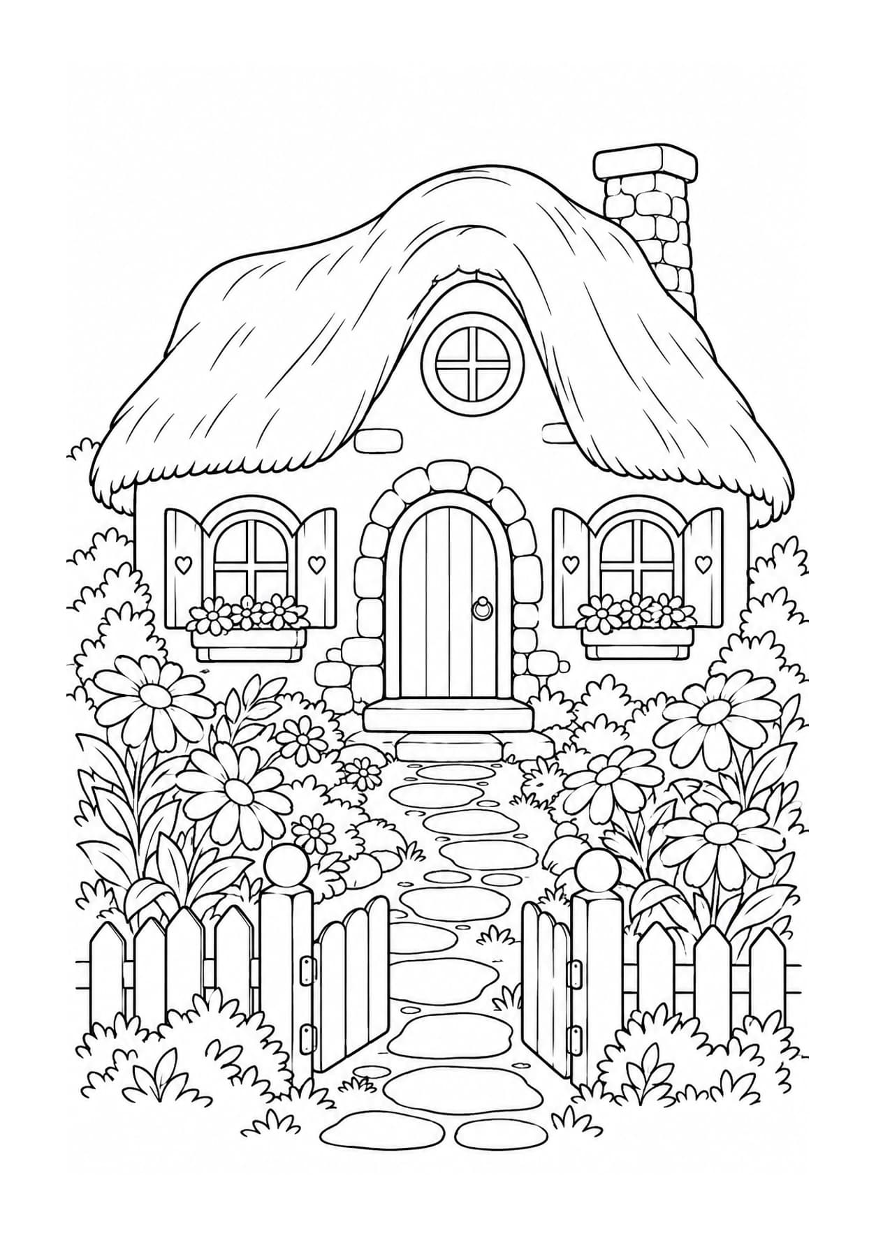 House coloring page of a cottage with a curved roof, round window and flower garden