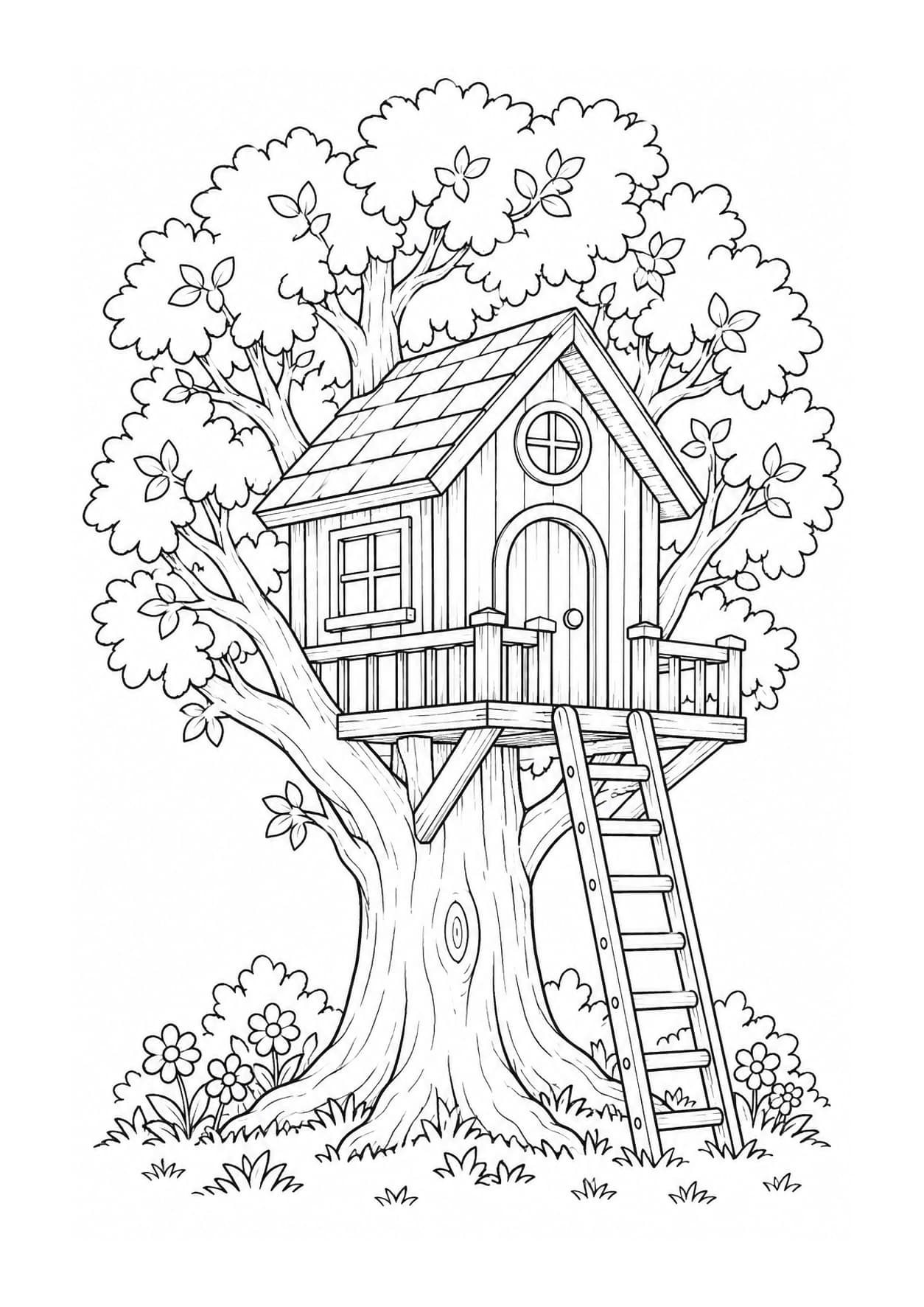House coloring page of a wooden treehouse with a ladder and balcony in a leafy tree