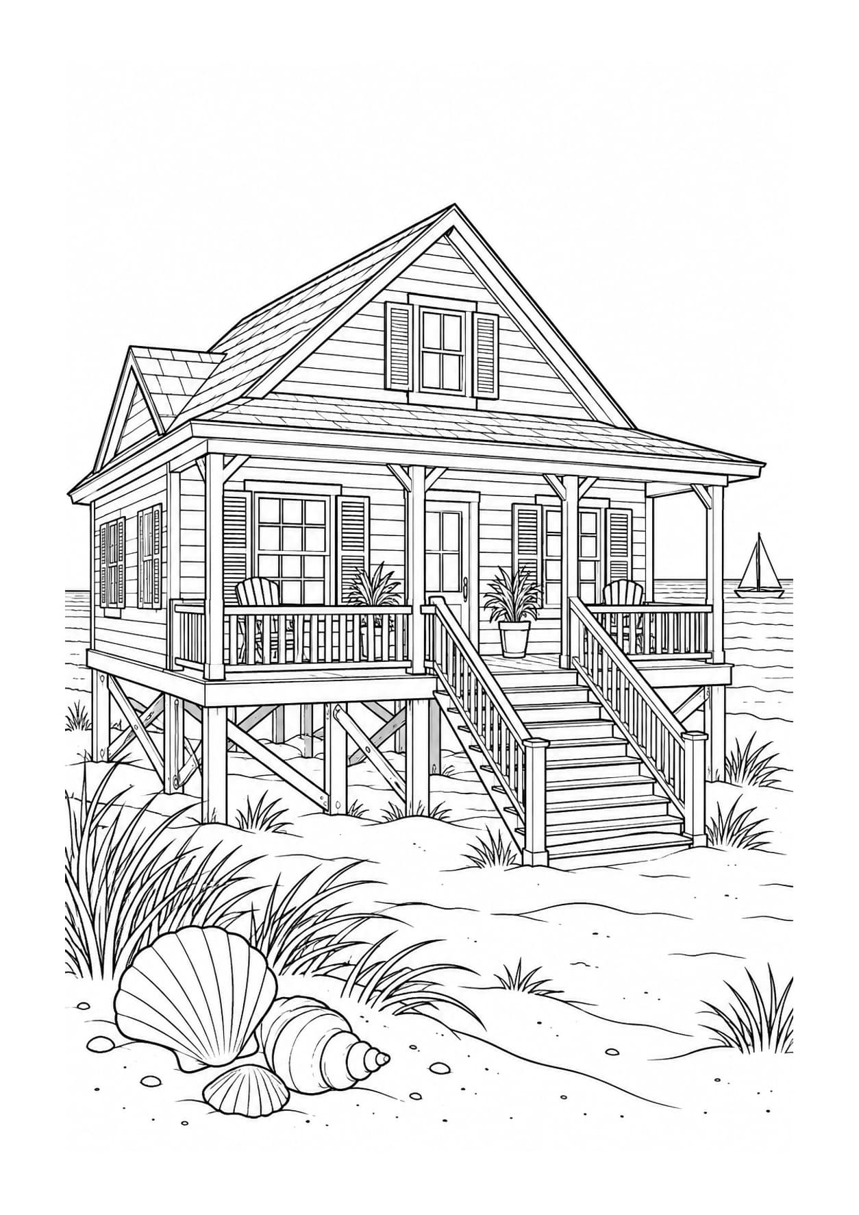 House coloring page of a seaside home on stilts with stairs, shells and a sailboat