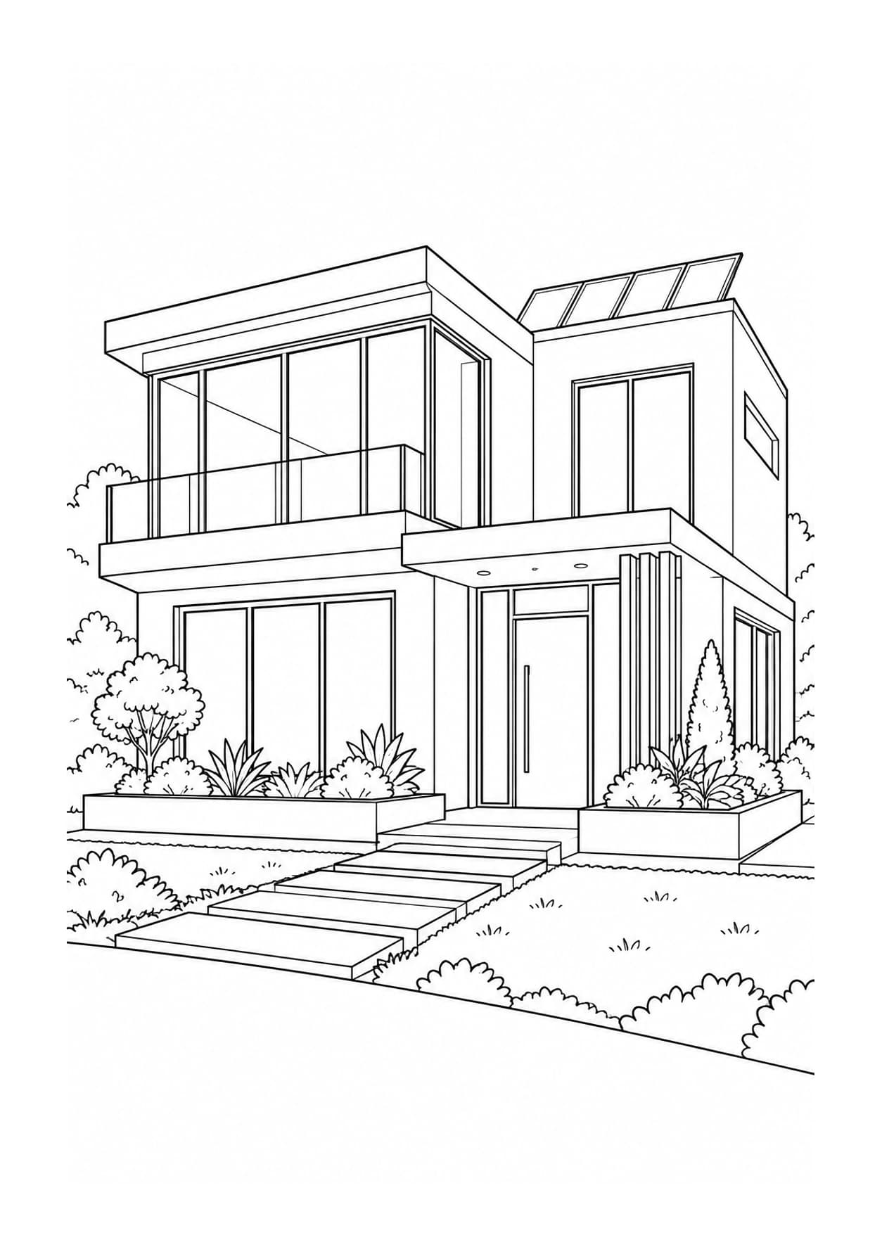 House coloring page of a modern home with flat roofs, large windows, solar panels and planters