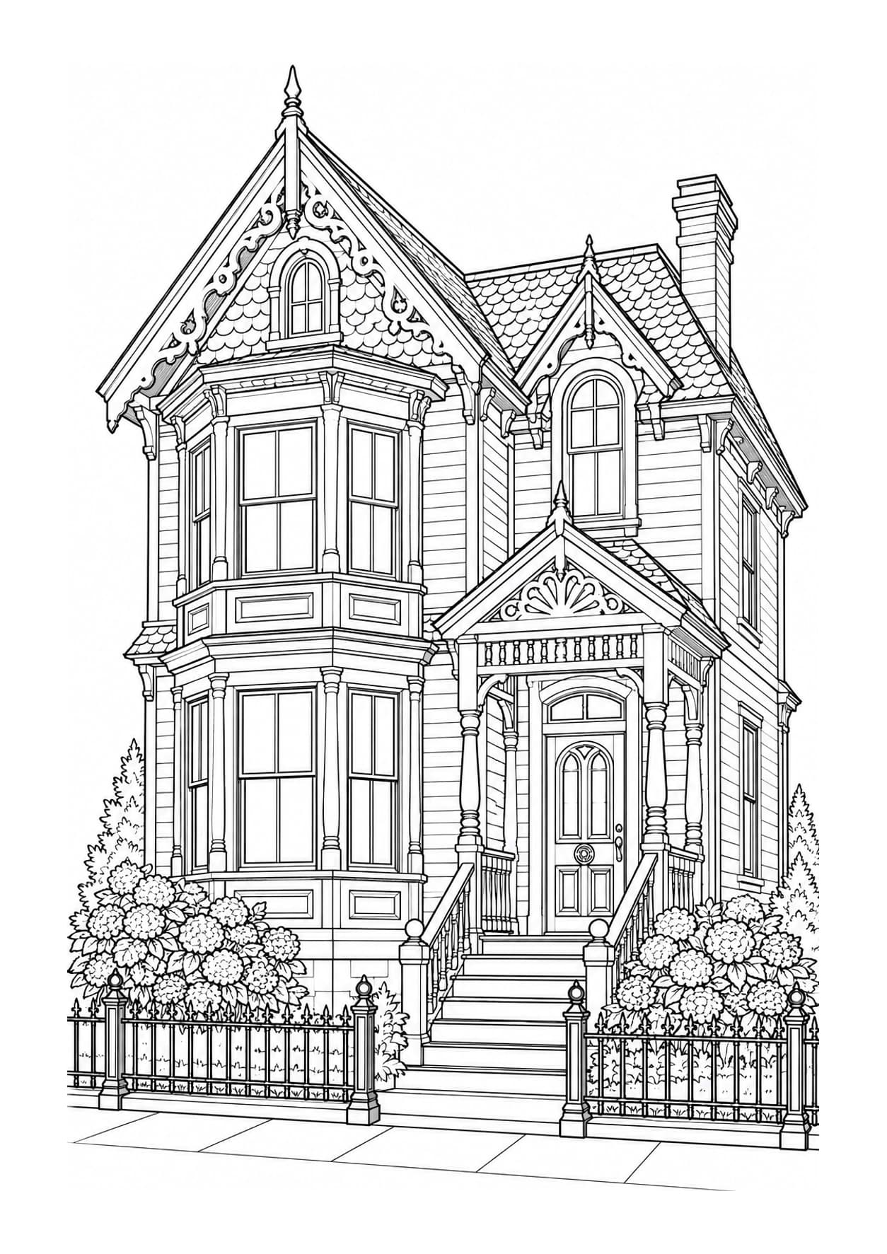 Detailed house coloring page of a Victorian townhouse with bay windows, decorative trim and a small garden