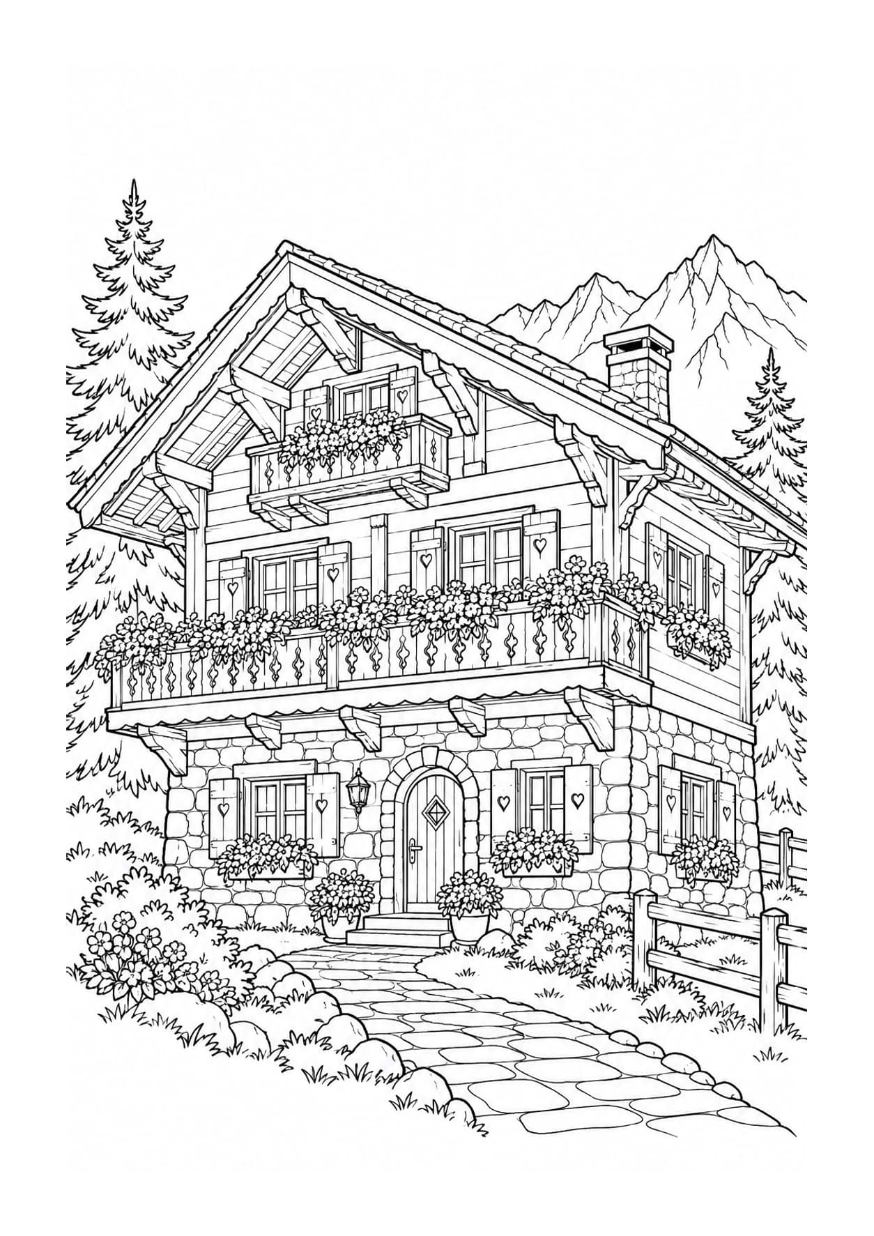Detailed house coloring page of an alpine chalet with a wooden balcony, flower boxes and mountain scenery