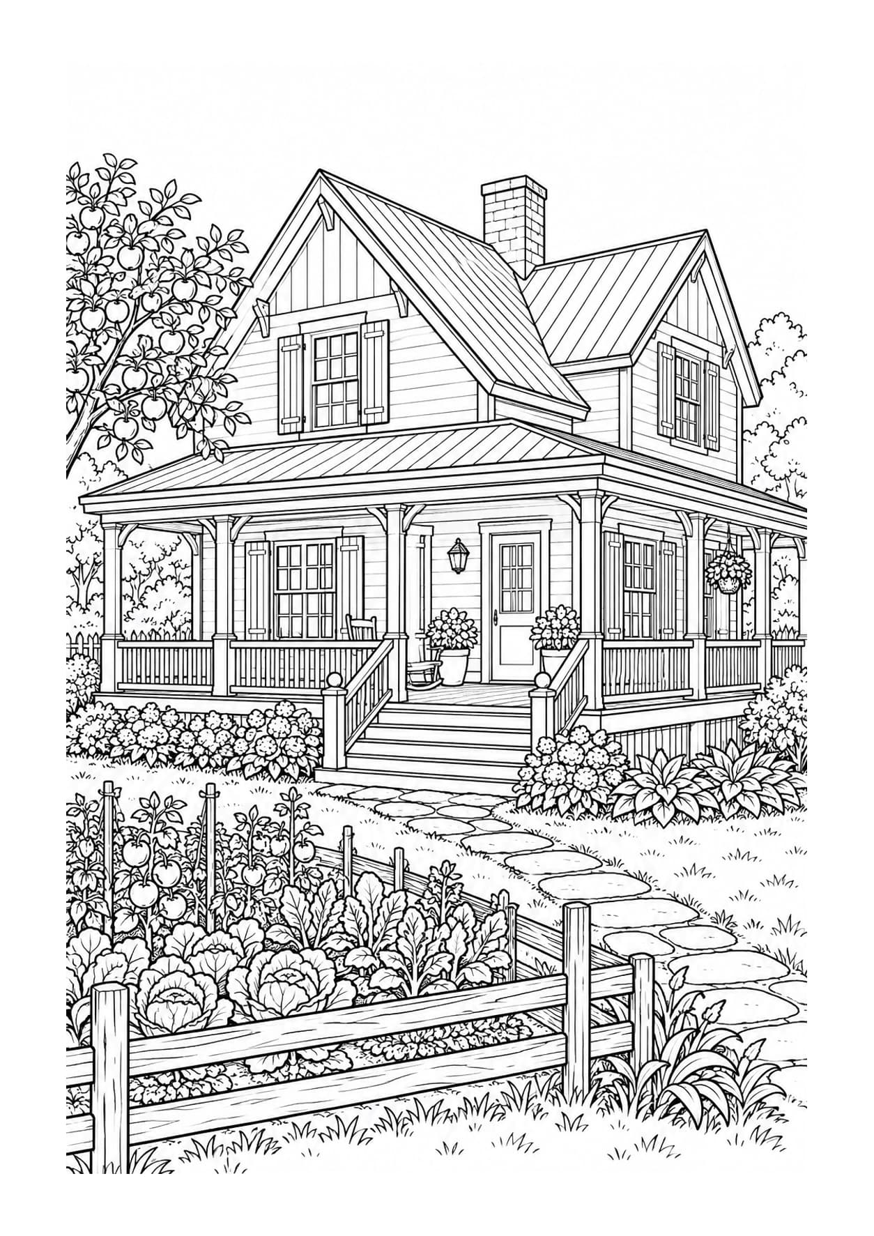 Detailed house coloring page of a country farmhouse with a wraparound porch, garden and apple tree