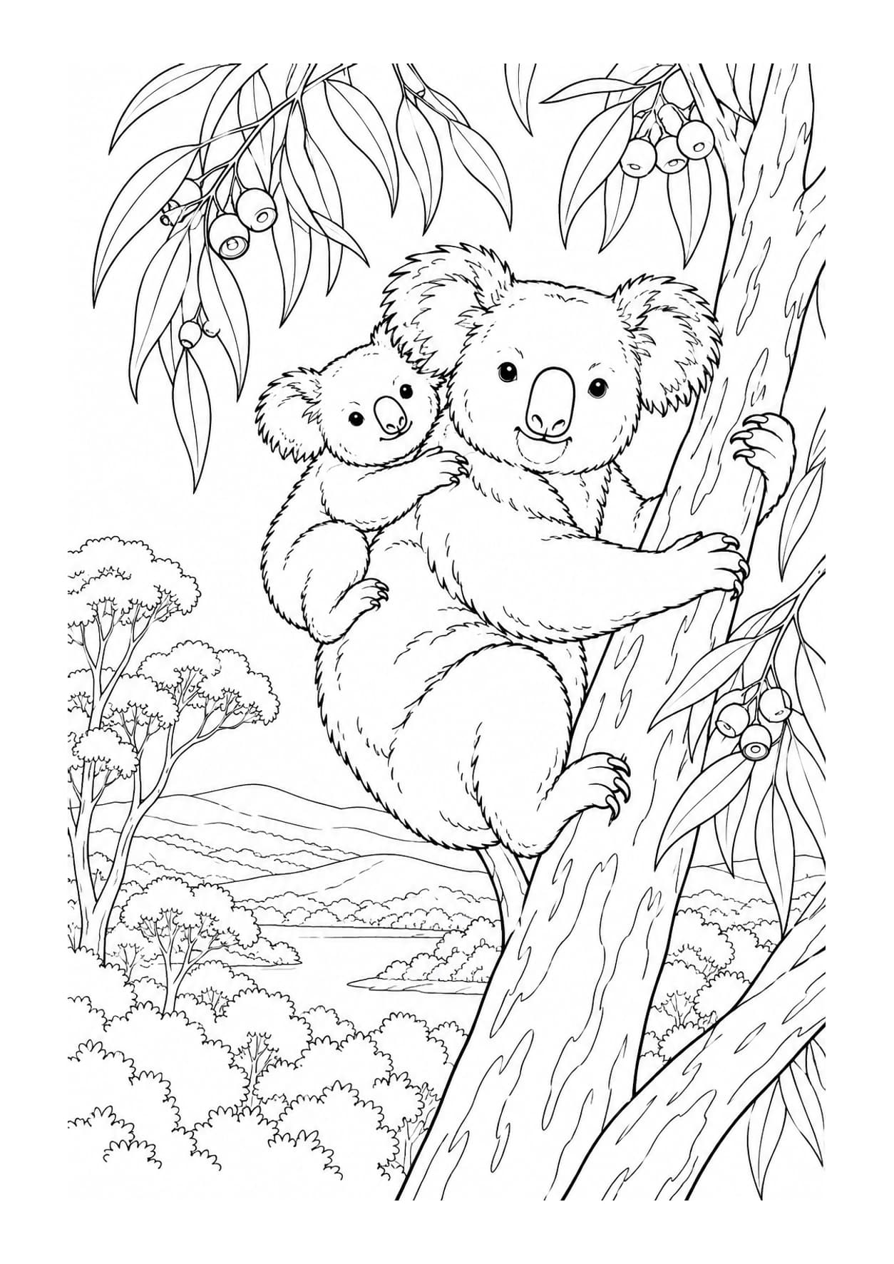 Detailed koala coloring page of mother koala carrying a joey