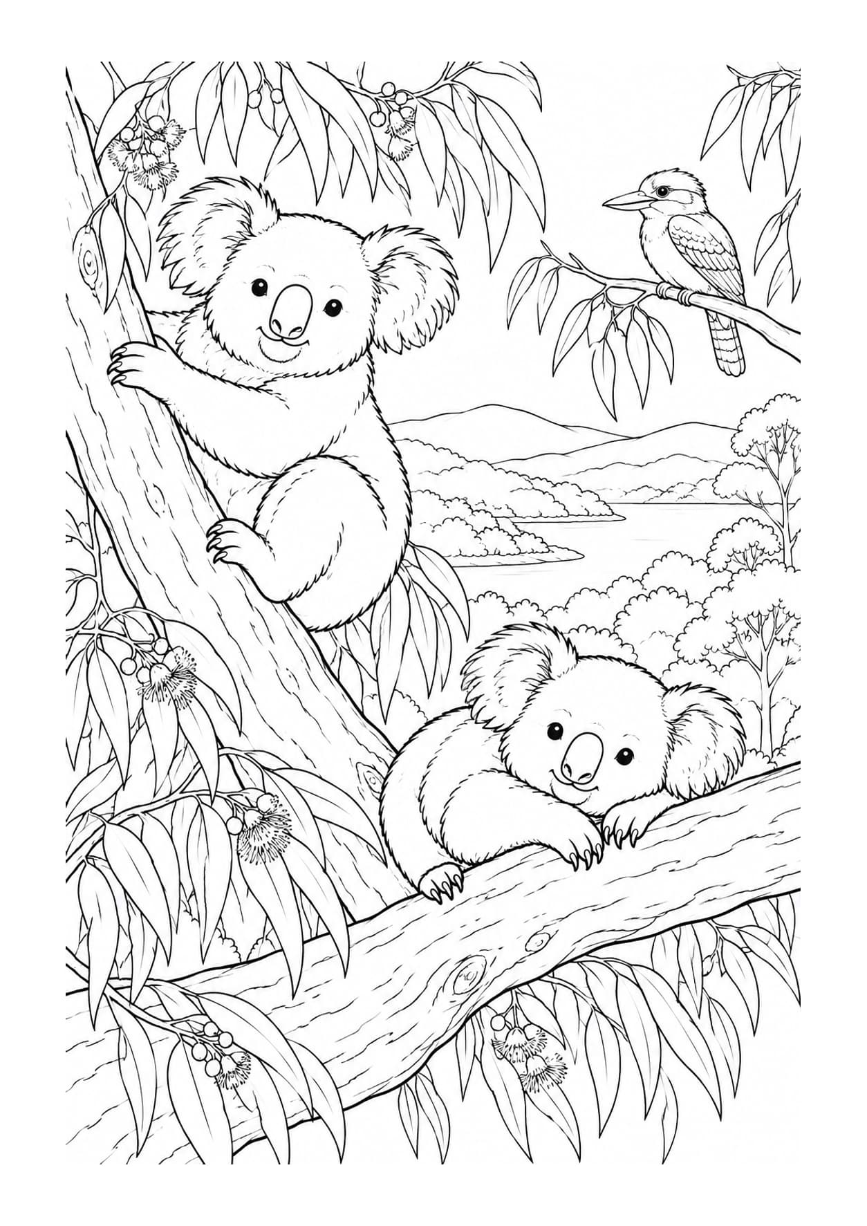 Detailed koala coloring page of koalas in a eucalyptus canopy