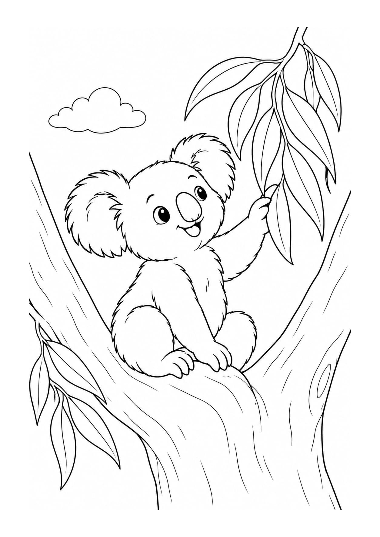 Easy koala coloring page of koala joey exploring eucalyptus leaves