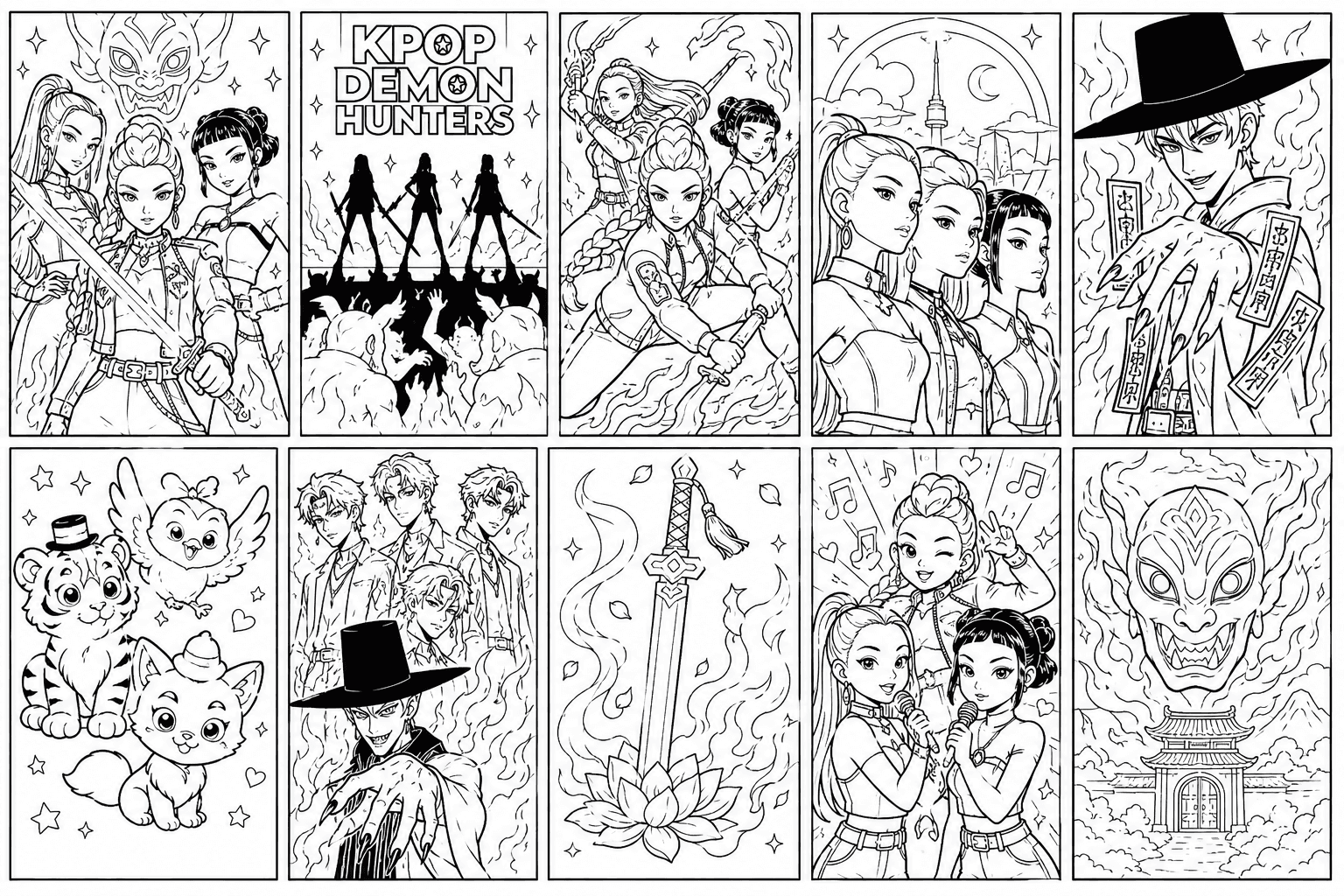 Free printable KPop Demon Hunters coloring pages with HUNTR/X, a demon battle, a flaming sword, the Saja Boys and animal mascots