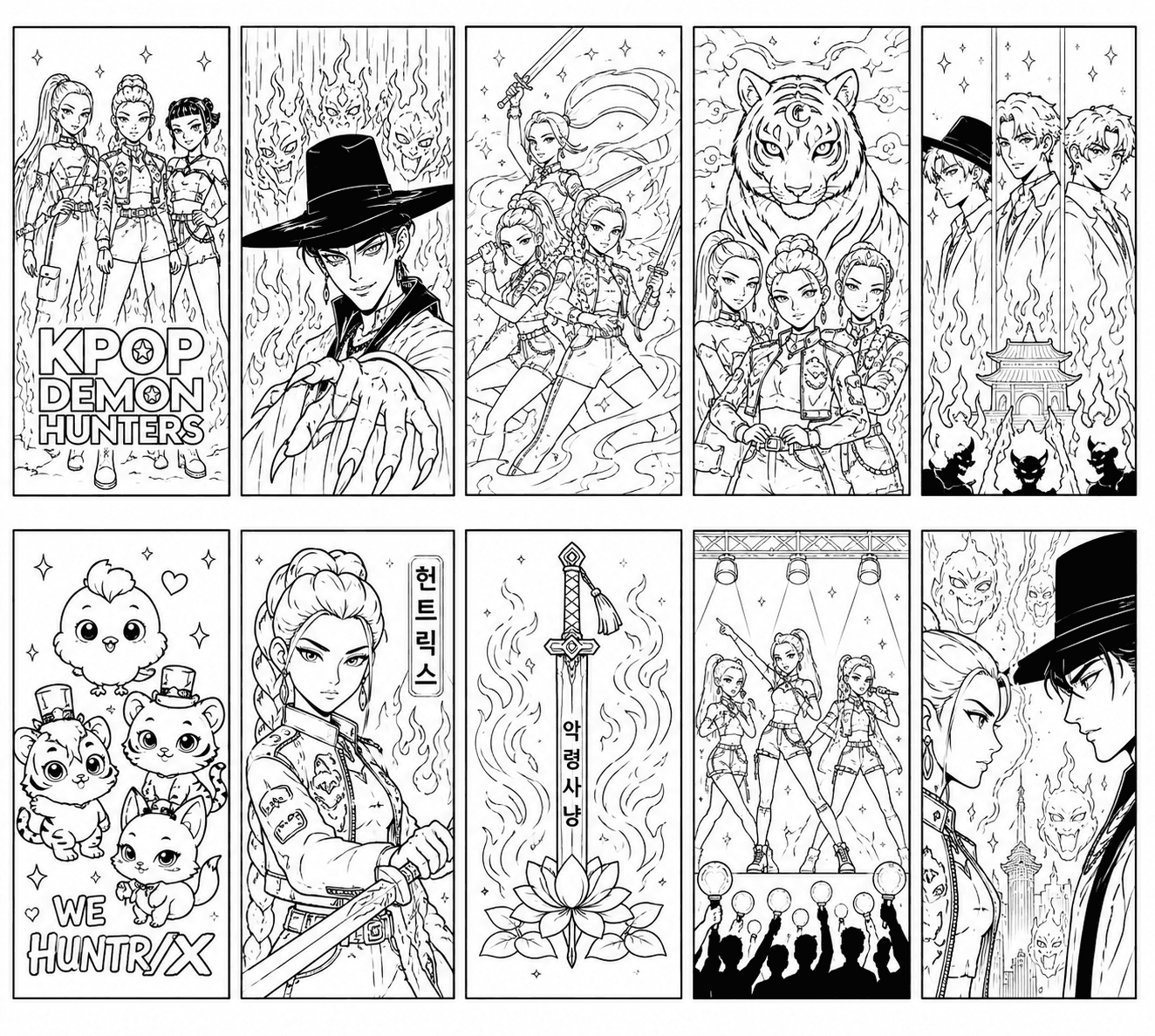 KPop Demon Hunters coloring page collection featuring HUNTR/X, the Saja Boys, a concert, a demon sword and tiger mascots