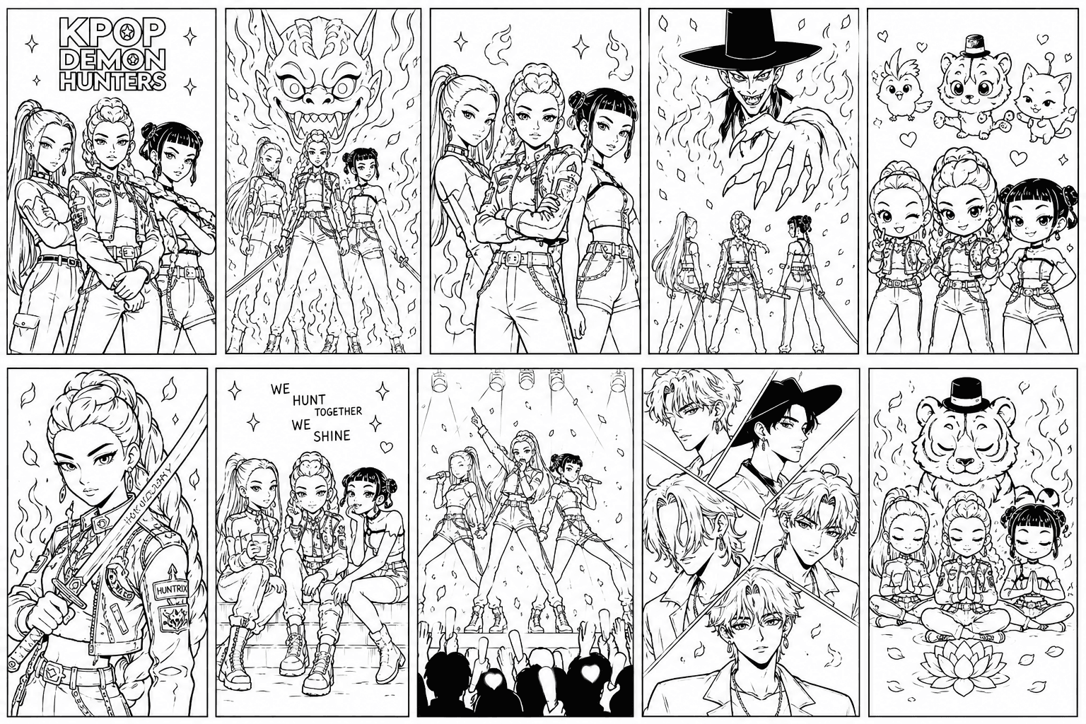 Free printable HUNTR/X KPop Demon Hunters coloring pages with concert poses, demon battles, the Saja Boys and cute mascots