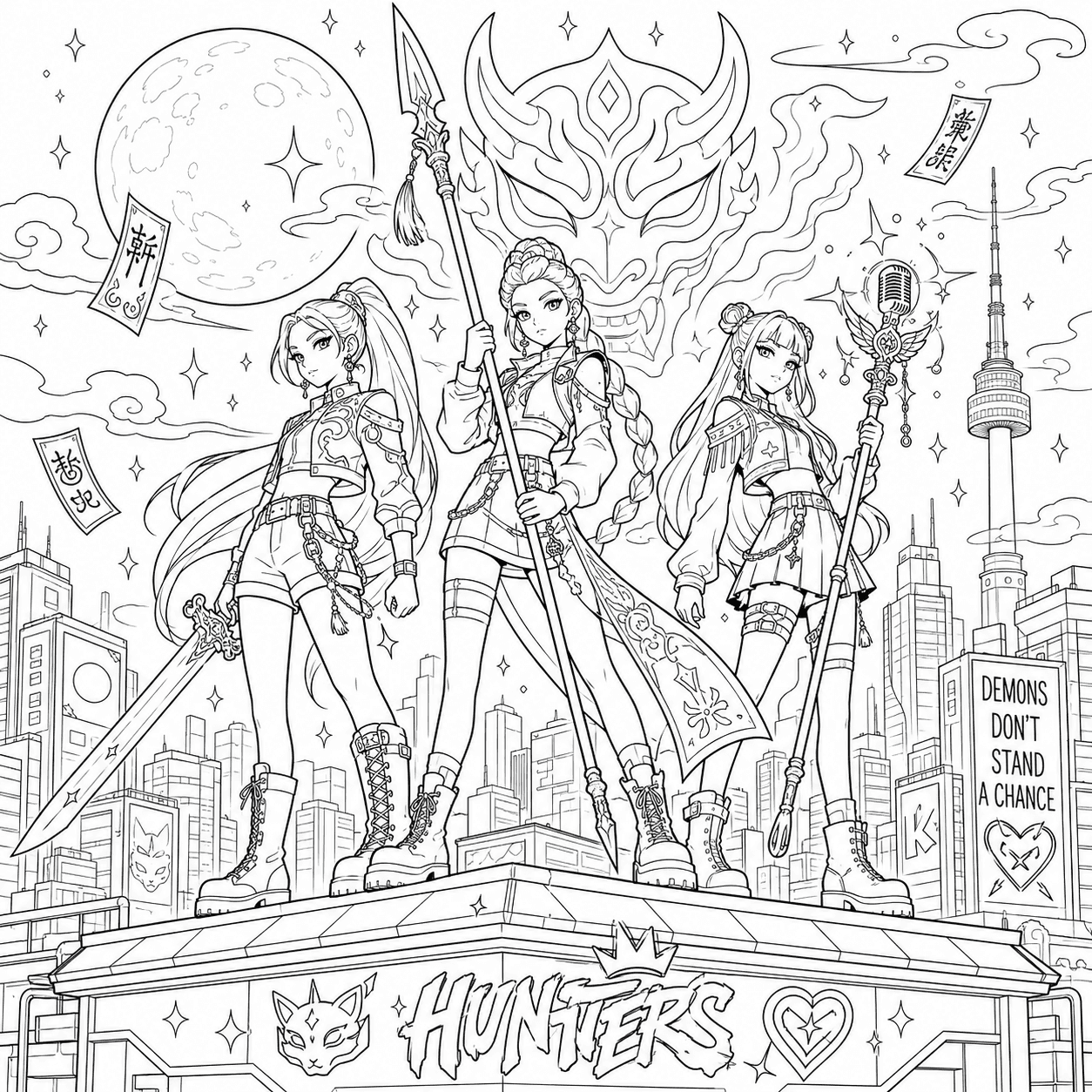 Three KPop demon hunters posing with weapons on a city rooftop