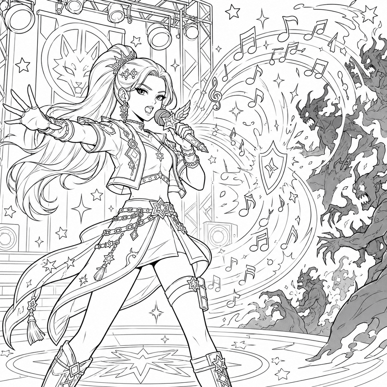 KPop Demon Hunters coloring page of a HUNTR/X singer using a microphone and music shield against shadow demons on stage