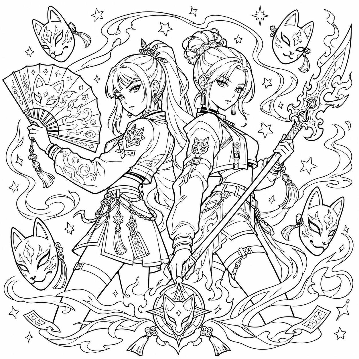 Free printable HUNTR/X coloring page with two demon hunters holding a flame fan and spear among magical fox masks