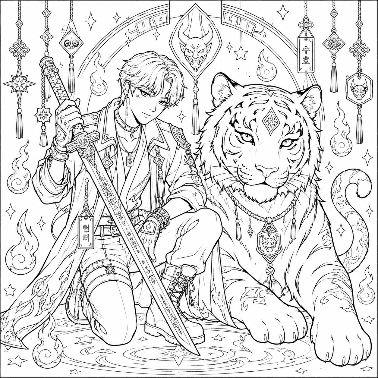 KPop Demon Hunters coloring page of a sword-wielding warrior kneeling beside a magical white tiger and spirit flames