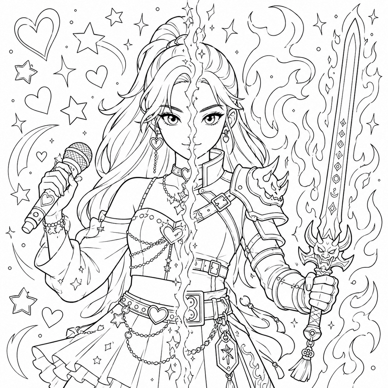 Split portrait of a KPop singer and an armored demon warrior