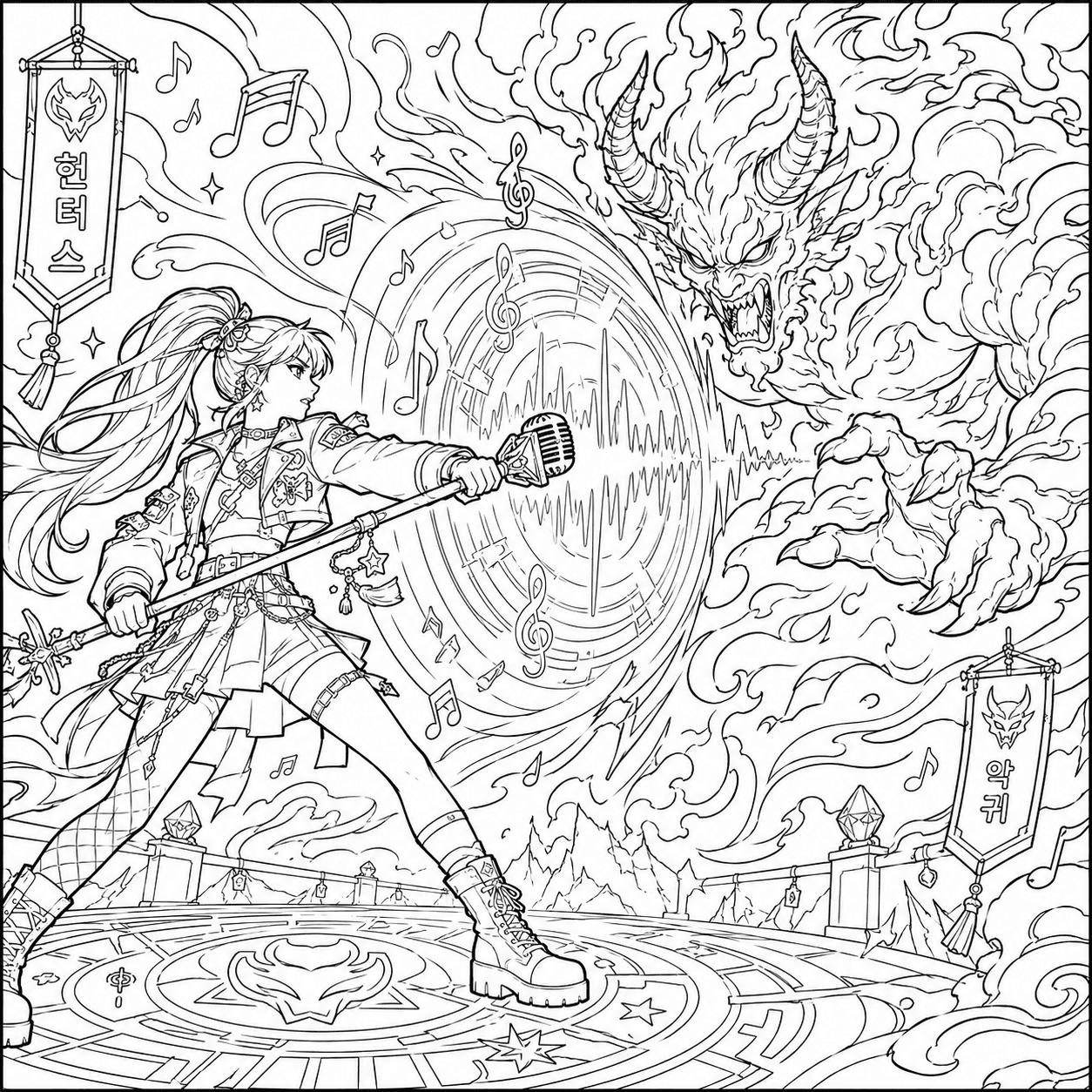 HUNTR/X coloring page of a singer fighting a giant horned demon with a microphone staff and sound-wave shield