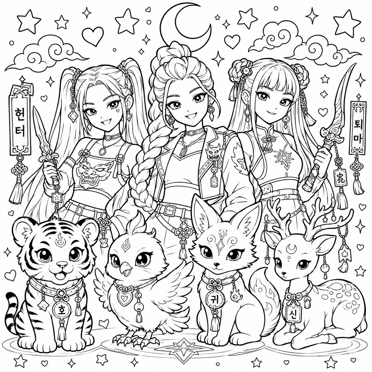 Cute KPop Demon Hunters coloring page with the HUNTR/X trio, tiger, bird, fox and deer mascots under the moon and stars