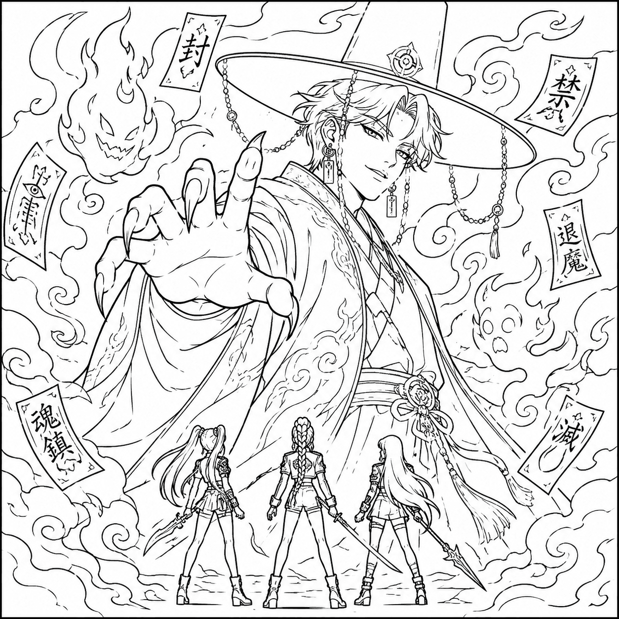 KPop Demon Hunters coloring page of a Saja Boy summoning spirit flames above the three HUNTR/X demon hunters