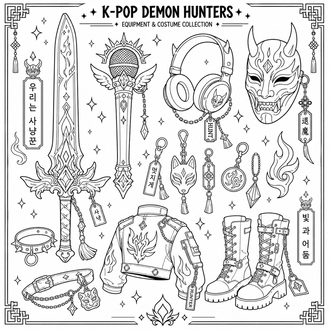 KPop demon hunter swords, microphones, headphones, costumes and charms