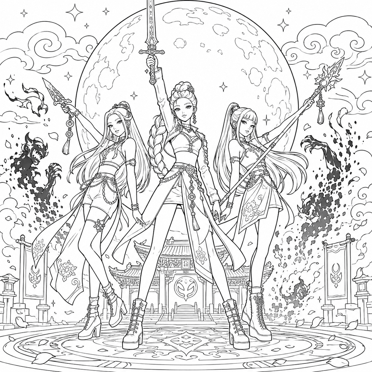HUNTR/X trio fighting shadow demons in front of a moonlit temple