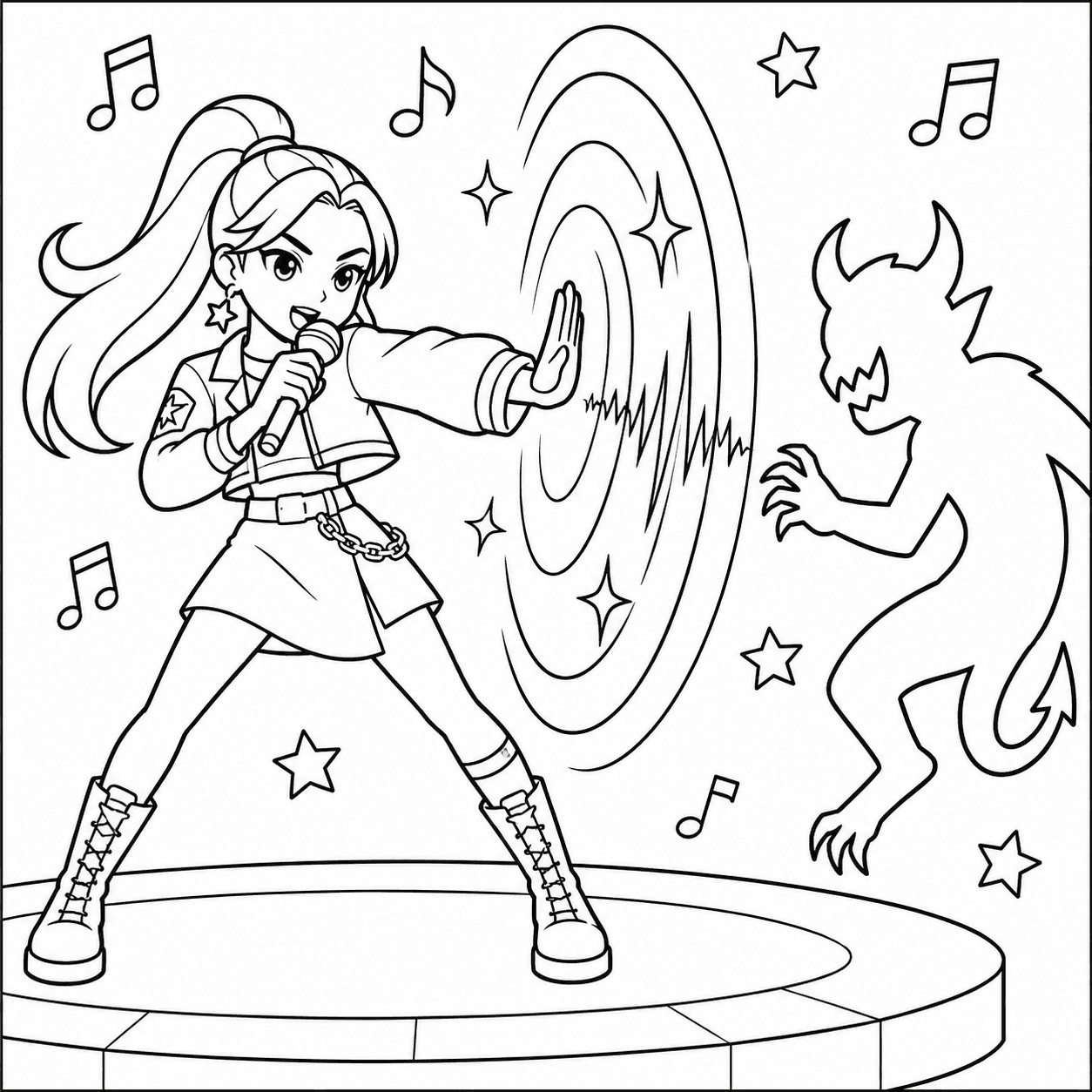 Simple HUNTR/X singer making a music shield against a shadow demon