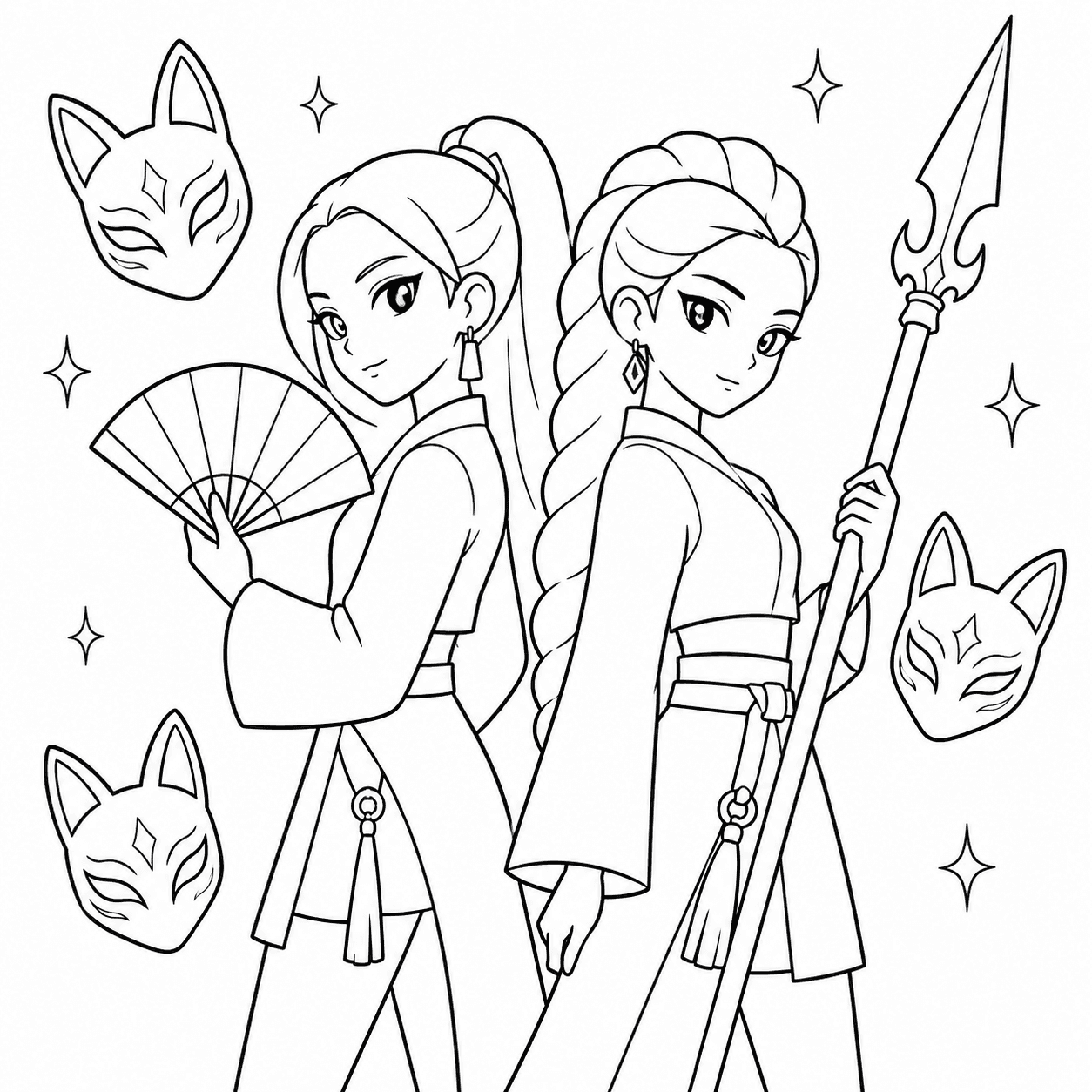 Easy KPop Demon Hunters coloring page with two HUNTR/X warriors holding a fan and spear beside fox masks