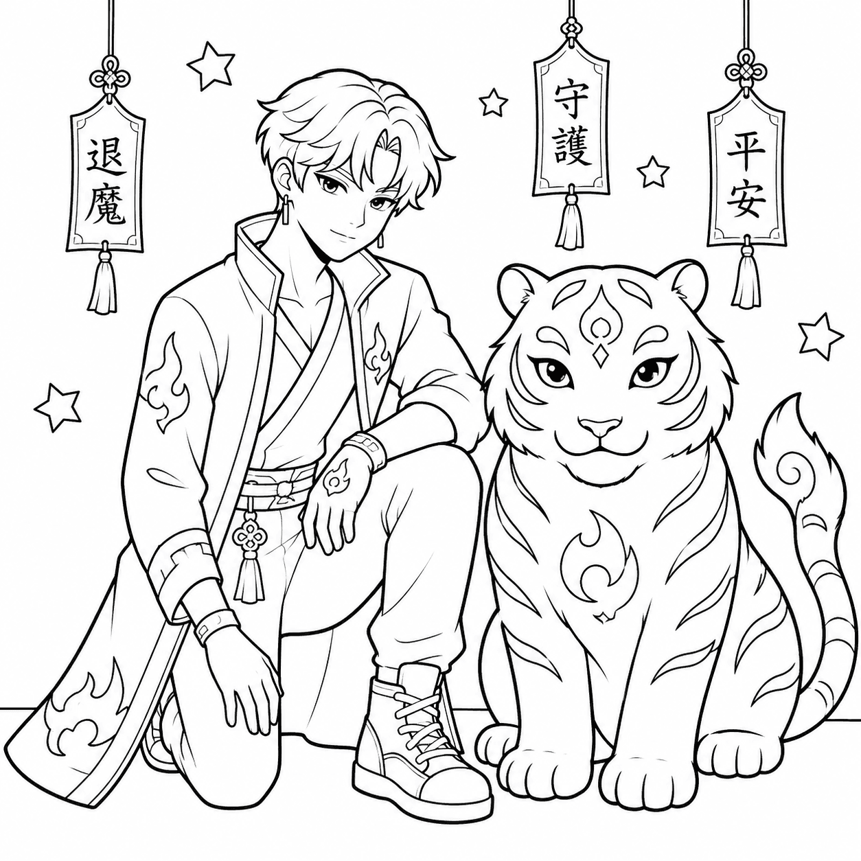 Simple KPop Demon Hunters coloring page of a young warrior kneeling beside a friendly magical white tiger