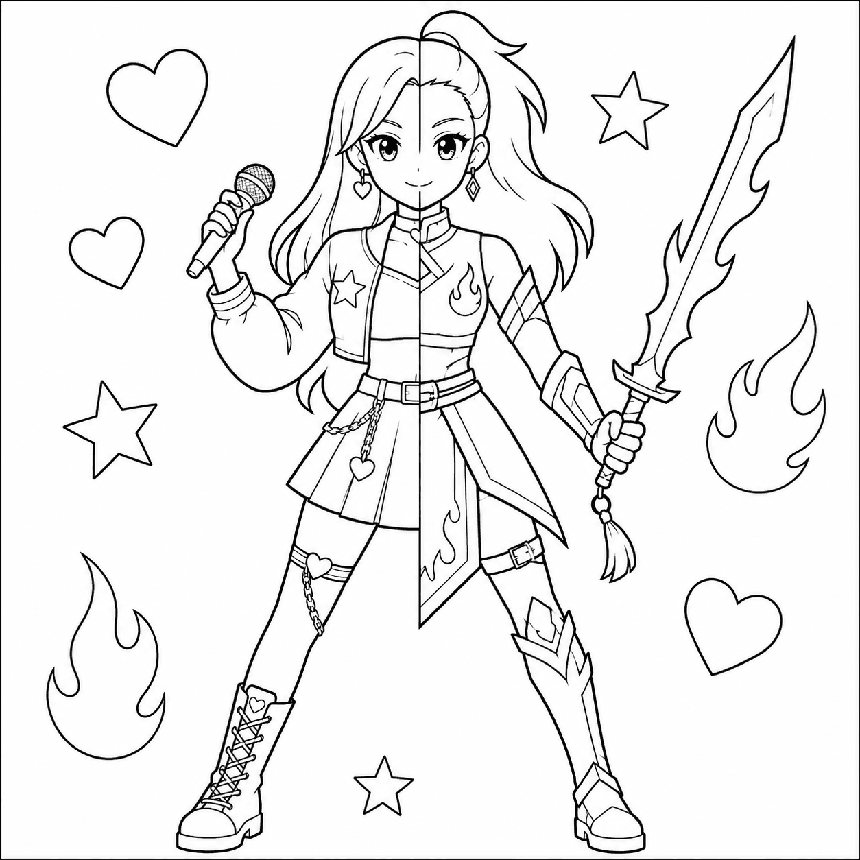 Easy KPop Demon Hunters coloring page of a pop singer and demon warrior holding a microphone and flaming sword