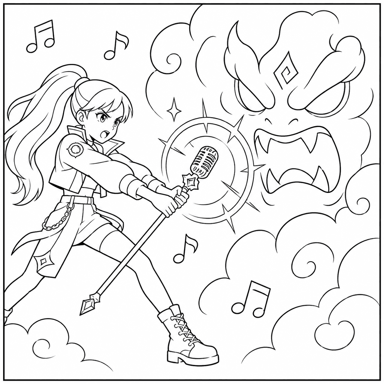 Simple HUNTR/X coloring page of a singer using a microphone staff to battle a large cloud demon