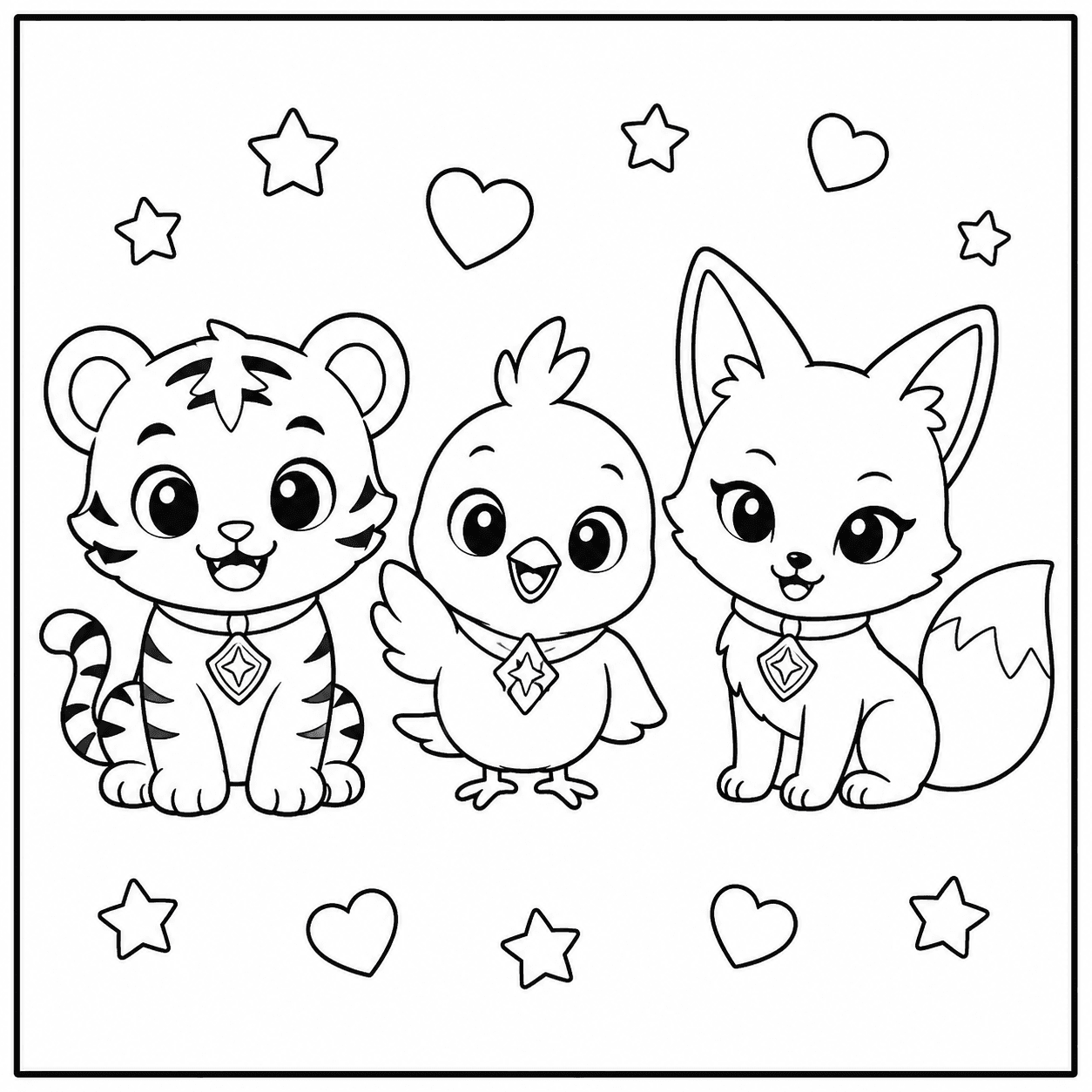 Easy coloring page with tiger, bird and fox mascots, hearts and stars
