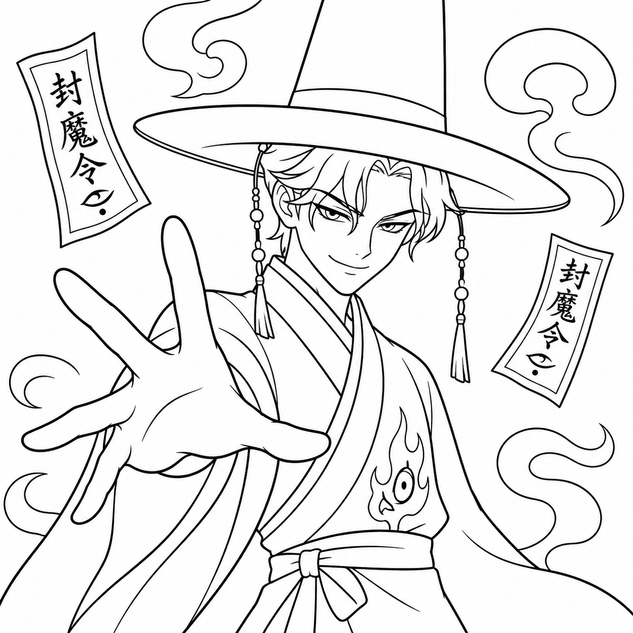 Simple Saja Boys coloring page of a young demon sorcerer in a traditional hat casting spirit magic