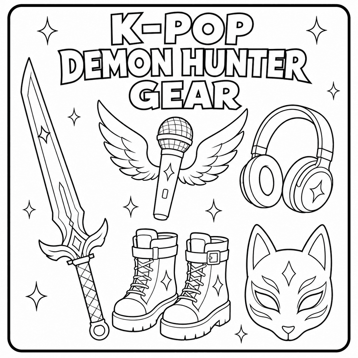 Easy KPop Demon Hunters gear coloring page with a sword, winged microphone, headphones, boots and fox mask