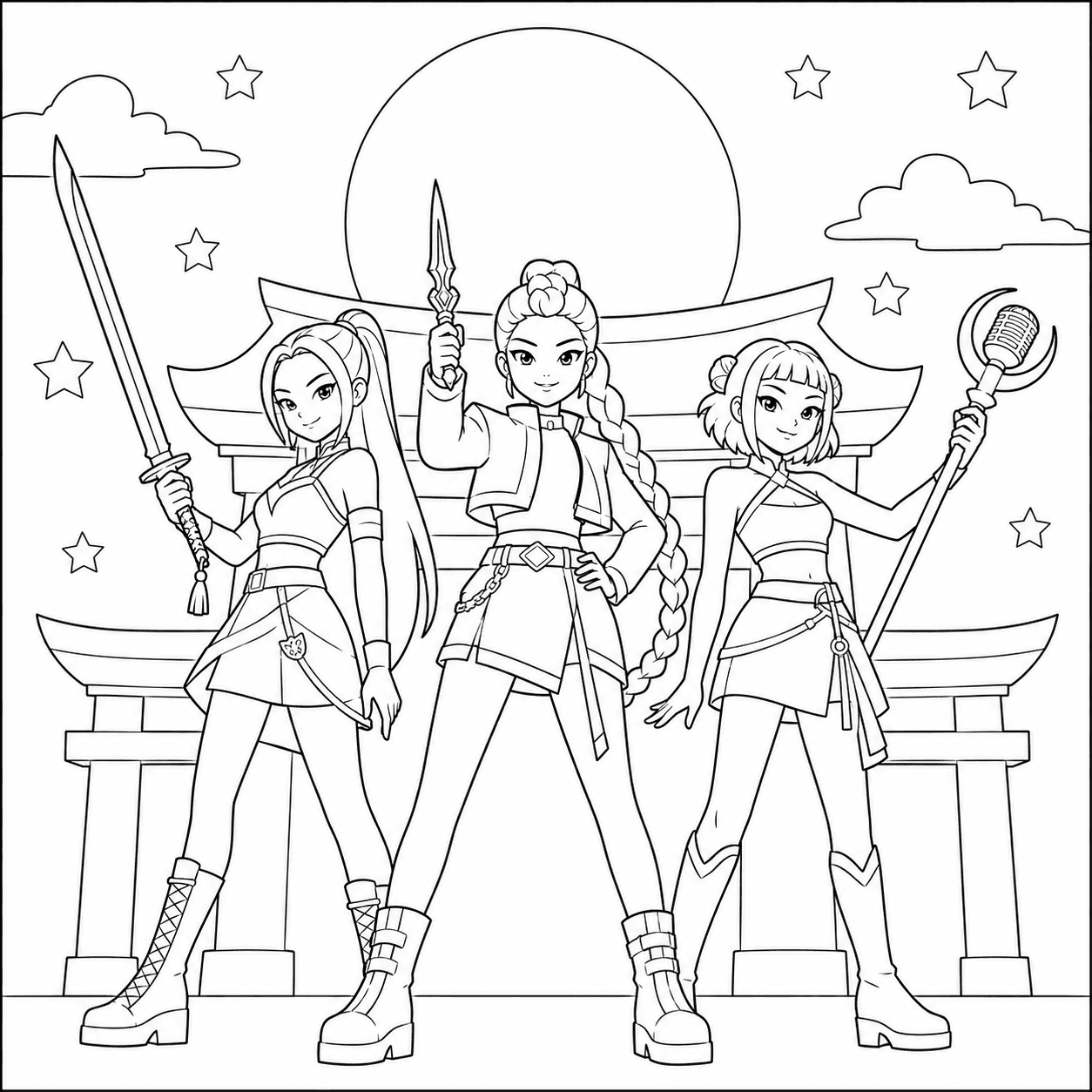 Simple HUNTR/X trio with swords and microphone in front of a temple