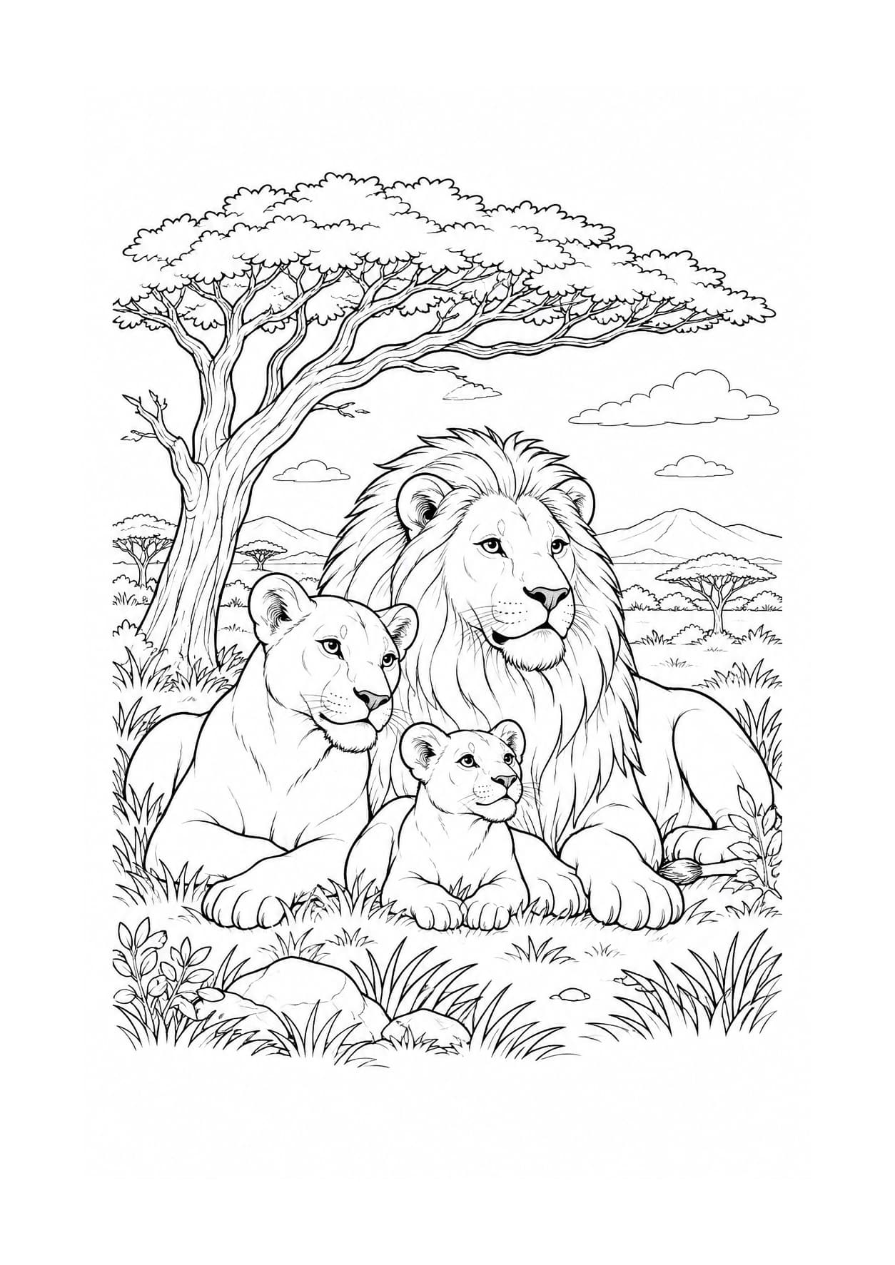 Detailed lion coloring page of a lion family beneath an acacia tree