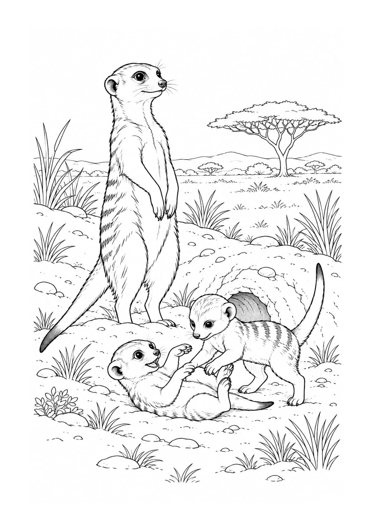 Detailed meerkat coloring page of meerkat family beside a burrow