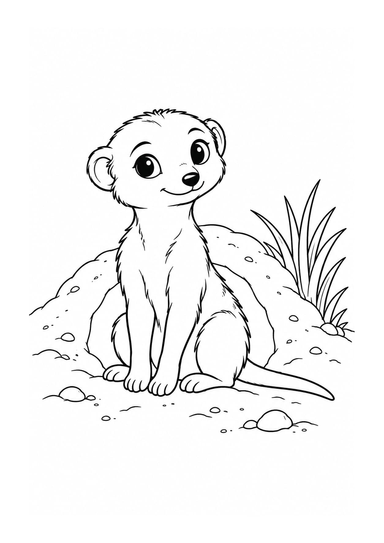 Easy meerkat coloring page of meerkat pup beside a burrow