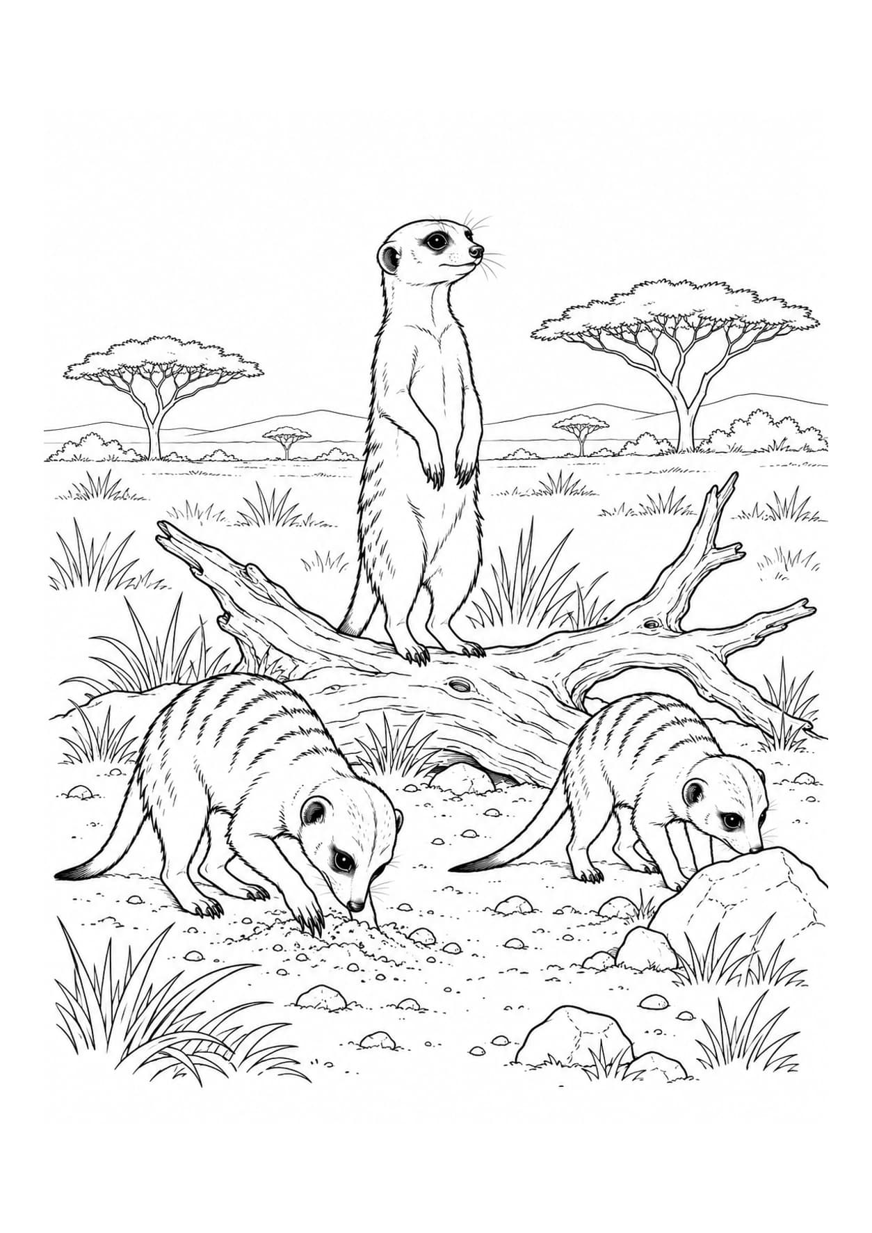 Detailed meerkat coloring page of meerkats foraging in the savanna