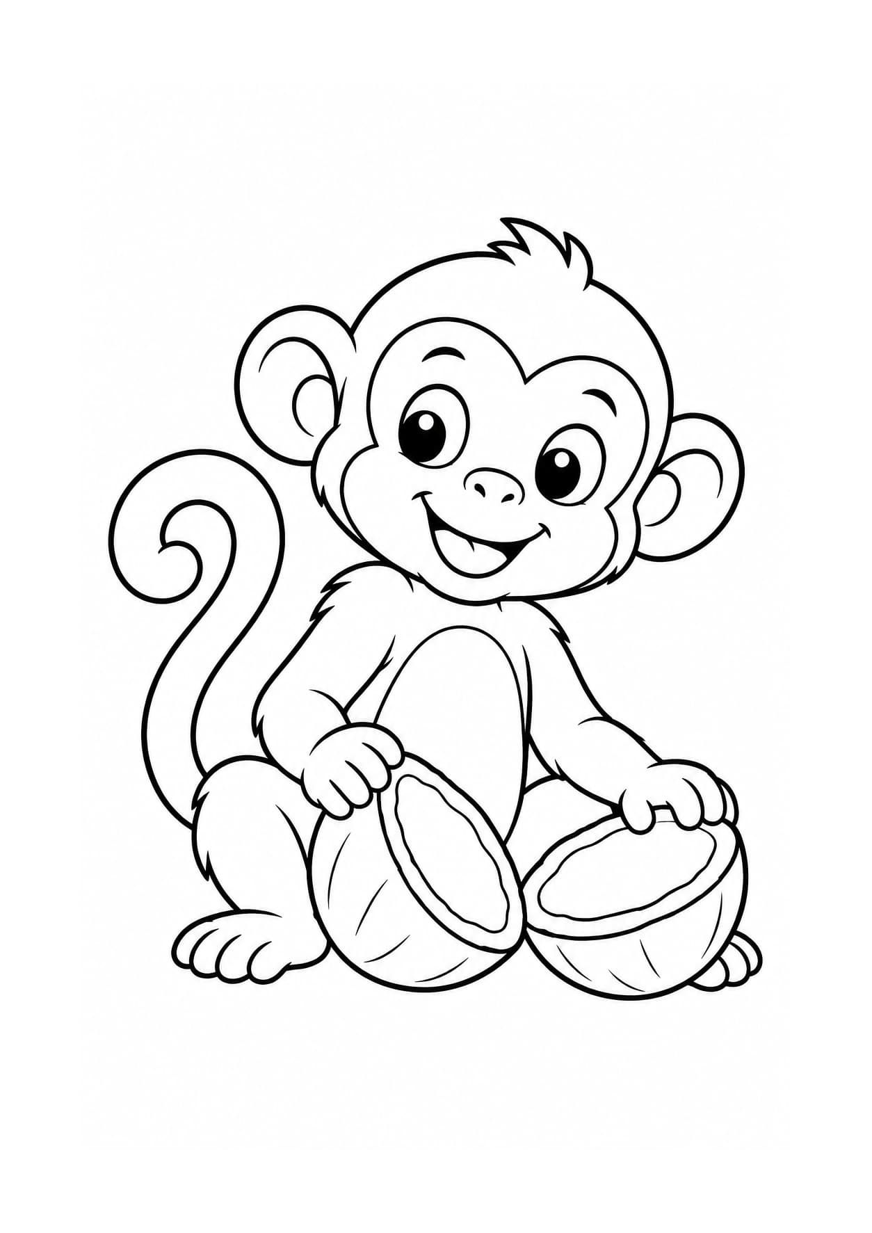 Easy monkey coloring page of a monkey beside a coconut